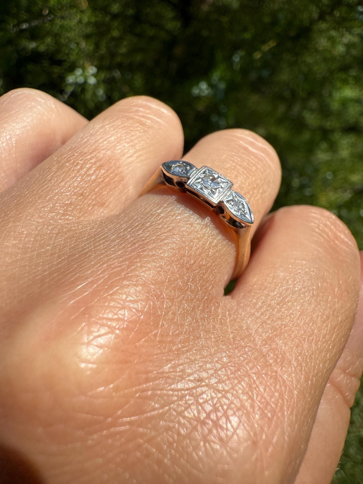 Three Stone Diamond Starburst Bezel Antique Art Deco Skinny Wedding Band 9k Gold Platinum Solid Stacker Ring Single Cut Dainty Engagement