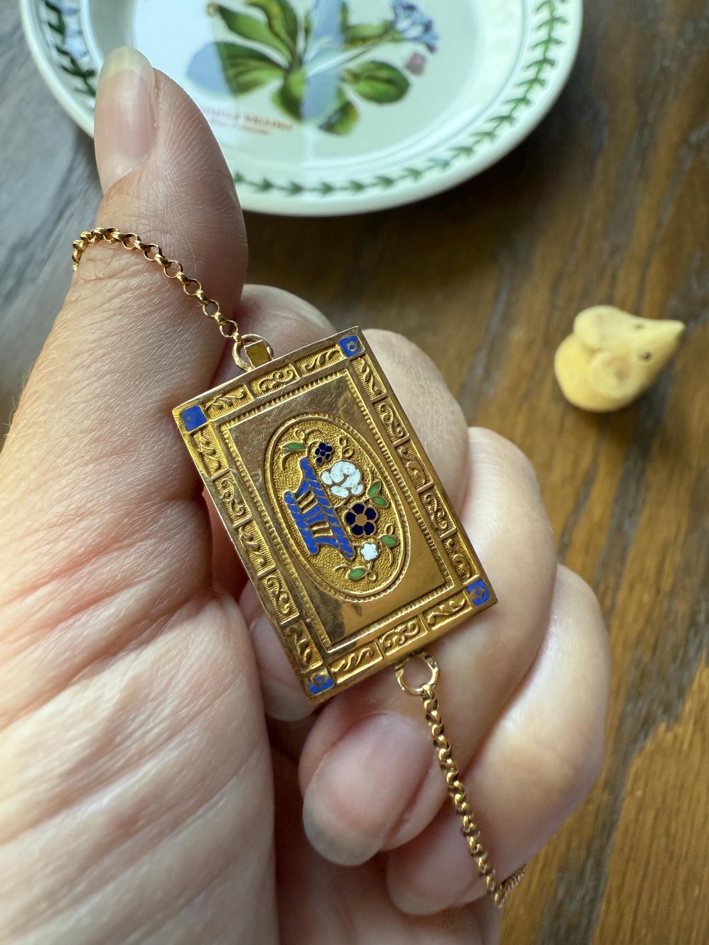 PANSY Rectangle Clasp XL French Traditional Antique Cable Rolo Chain Enamel 18k GOLD Victorian Choker Necklace Pendant Holder Solid Belcher