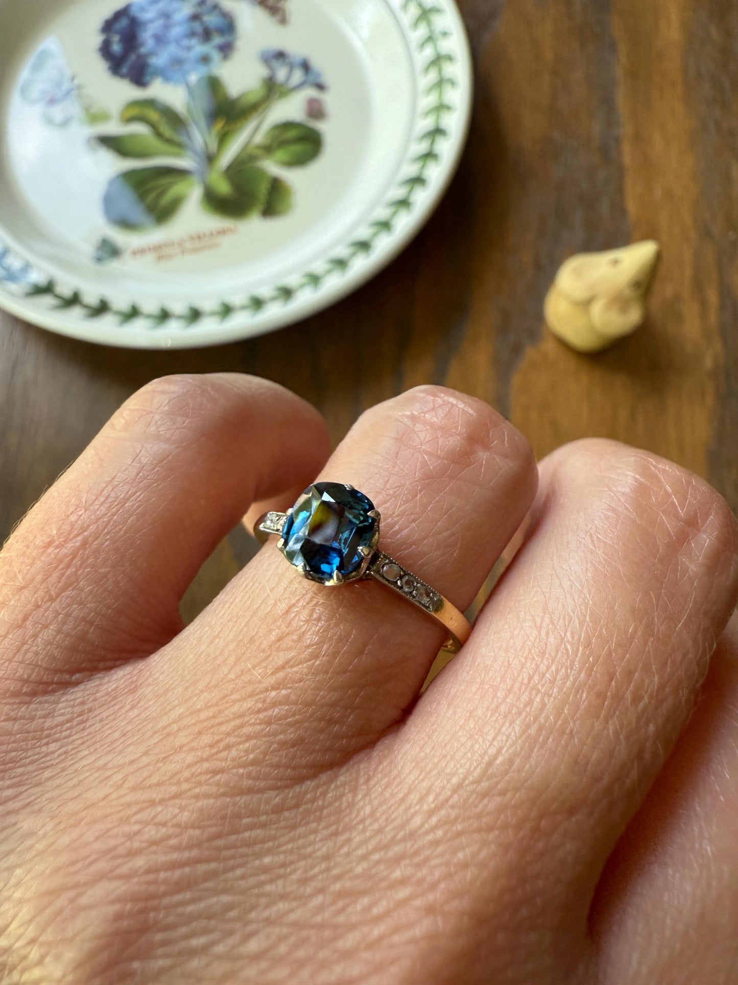 French Antique Old Cut Blue Green SAPPHIRE Rose Cut DIAMOND Natural Antique Solitaire w/ Accents Alt Engagement Ring Stacker Belle Epoque