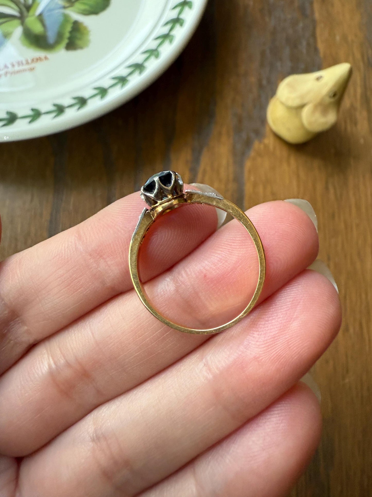 French Antique Old Cut Blue Green SAPPHIRE Rose Cut DIAMOND Natural Antique Solitaire w/ Accents Alt Engagement Ring Stacker Belle Epoque