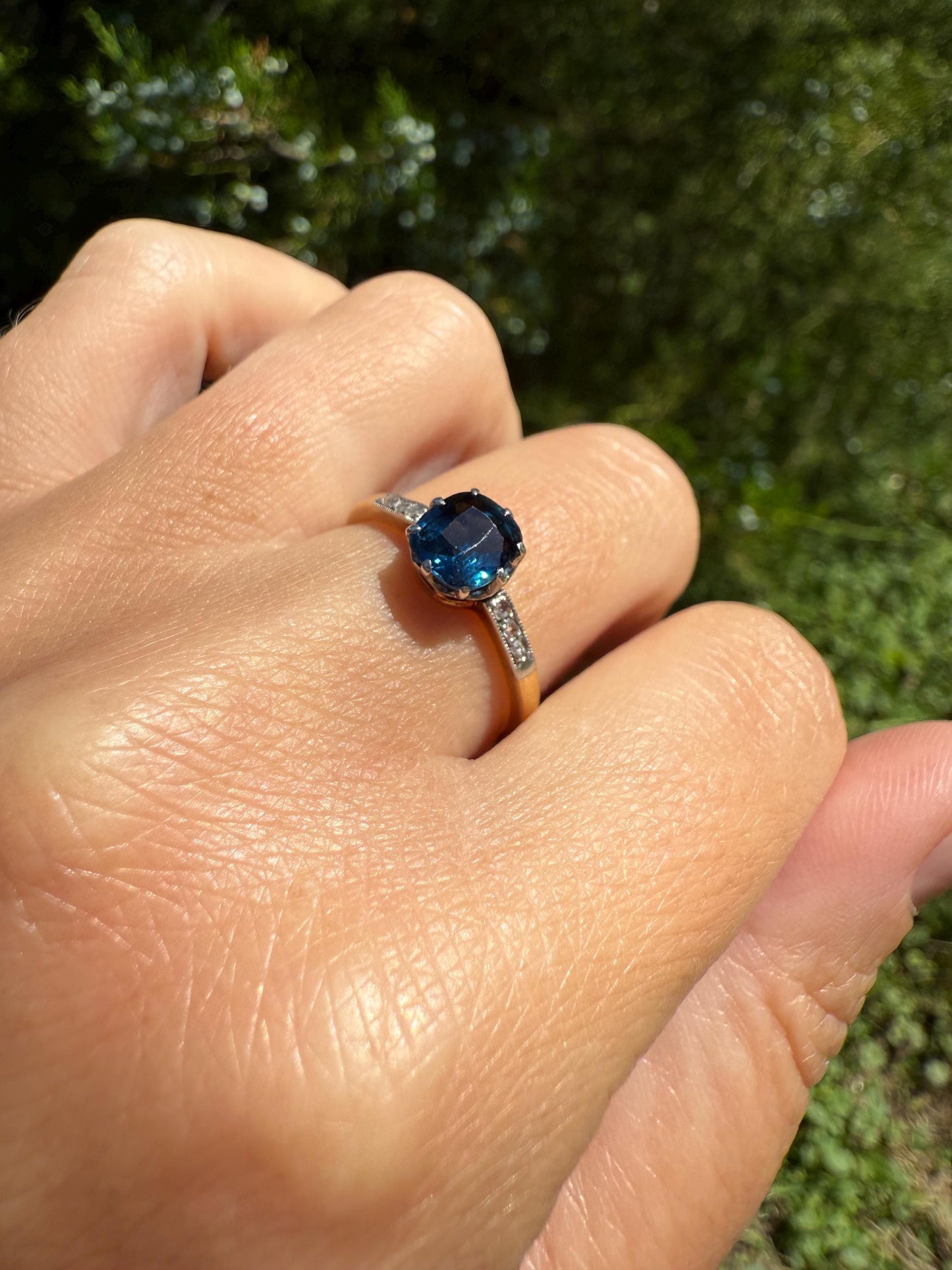 French Antique Old Cut Blue Green SAPPHIRE Rose Cut DIAMOND Natural Antique Solitaire w/ Accents Alt Engagement Ring Stacker Belle Epoque