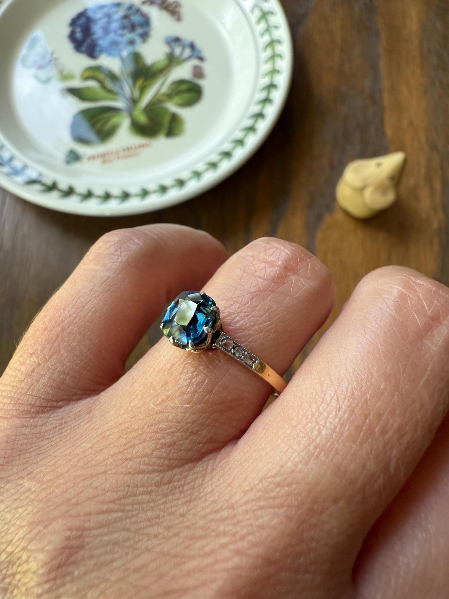 French Antique Old Cut Blue Green SAPPHIRE Rose Cut DIAMOND Natural Antique Solitaire w/ Accents Alt Engagement Ring Stacker Belle Epoque
