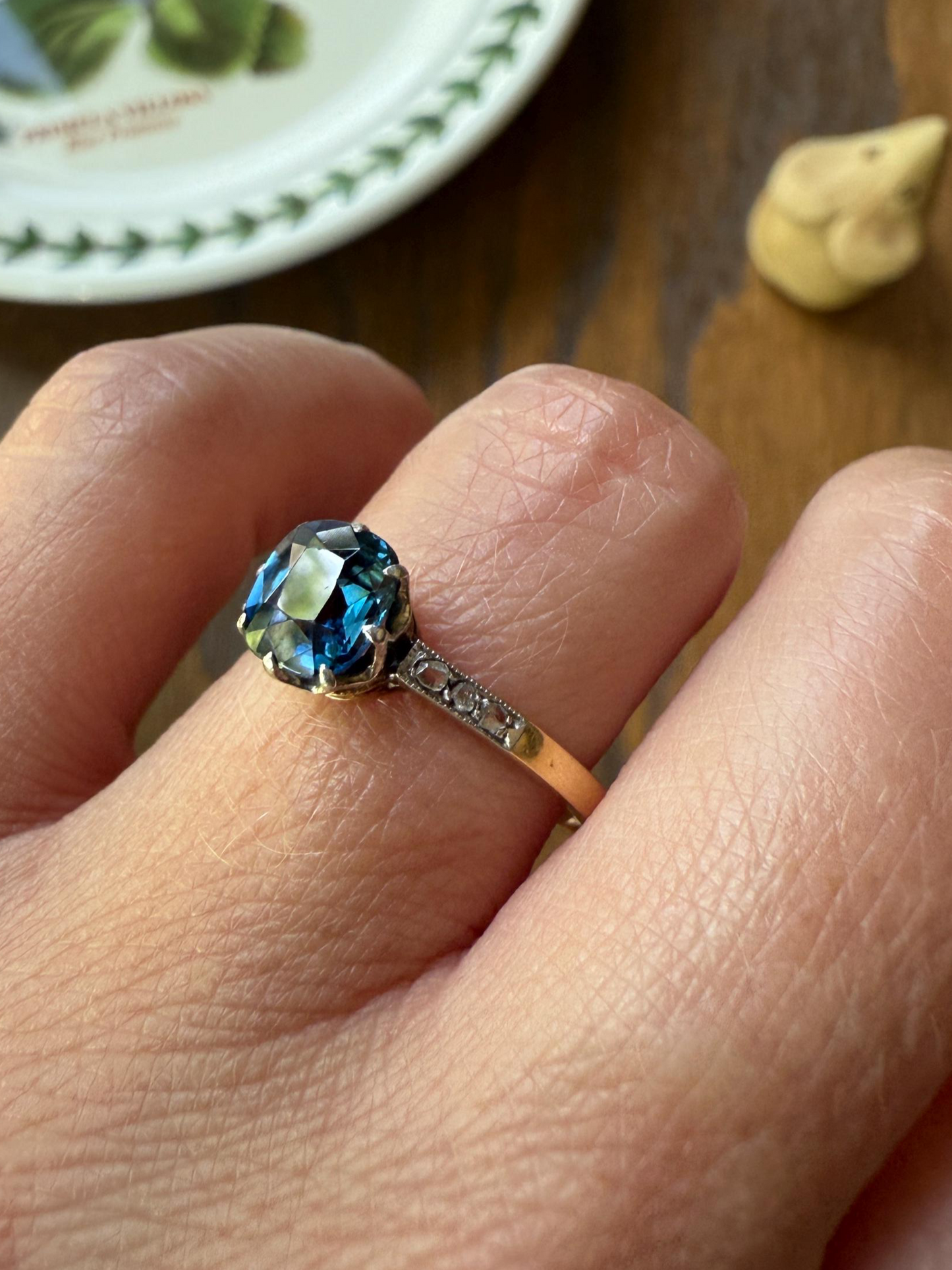 French Antique Old Cut Peacock Blue Green SAPPHIRE Rose Cut DIAMOND Natural Antique Solitaire w/ Accents Alt Engagement Ring