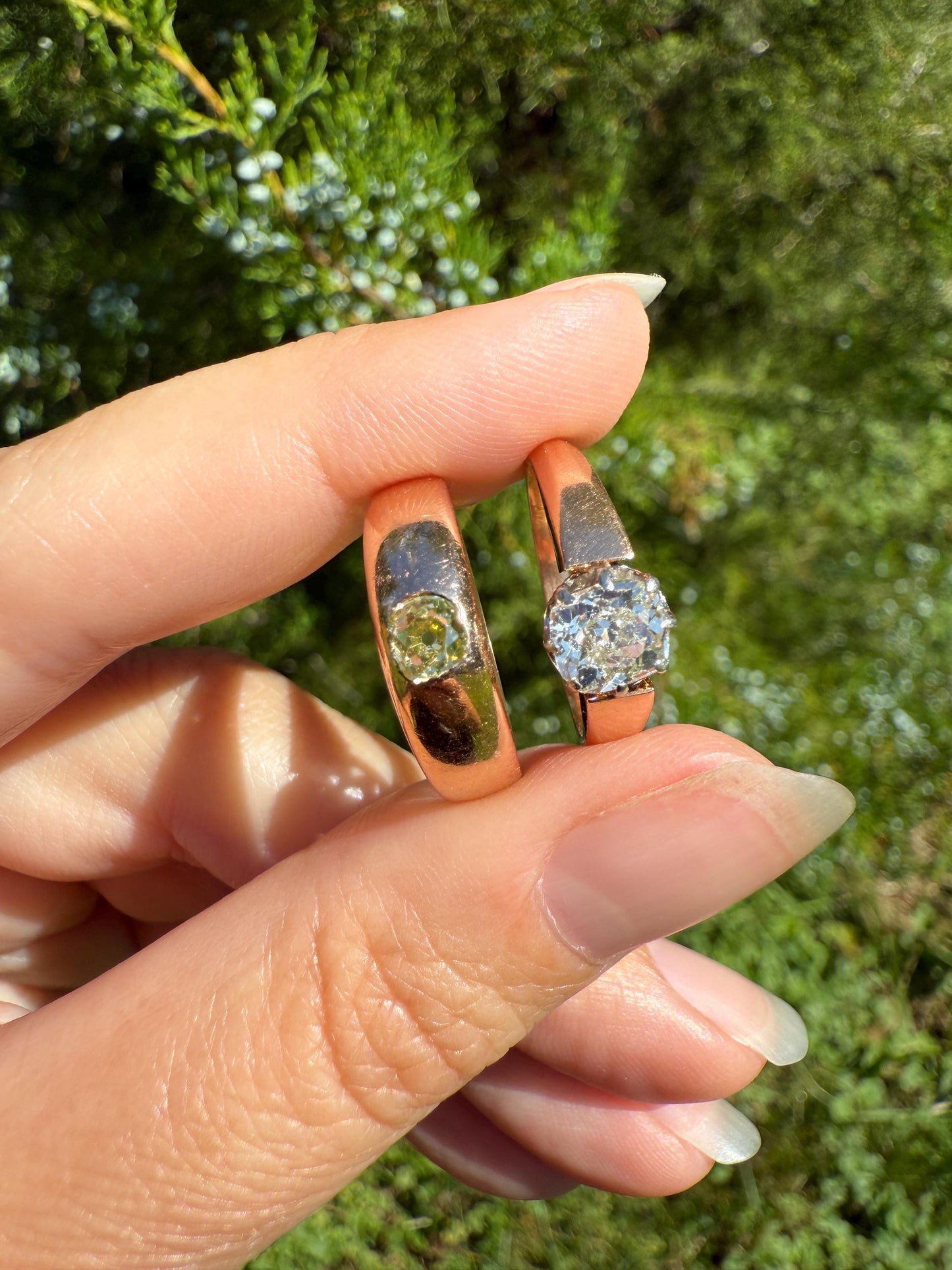 Antique Eye Clean .3 Carat Fancy Light Greenish YELLOW Old Mine Cut DIAMOND Gypsy Ring 18k Rosy Gold Chunky Band Gift Stacker Unisex OMC