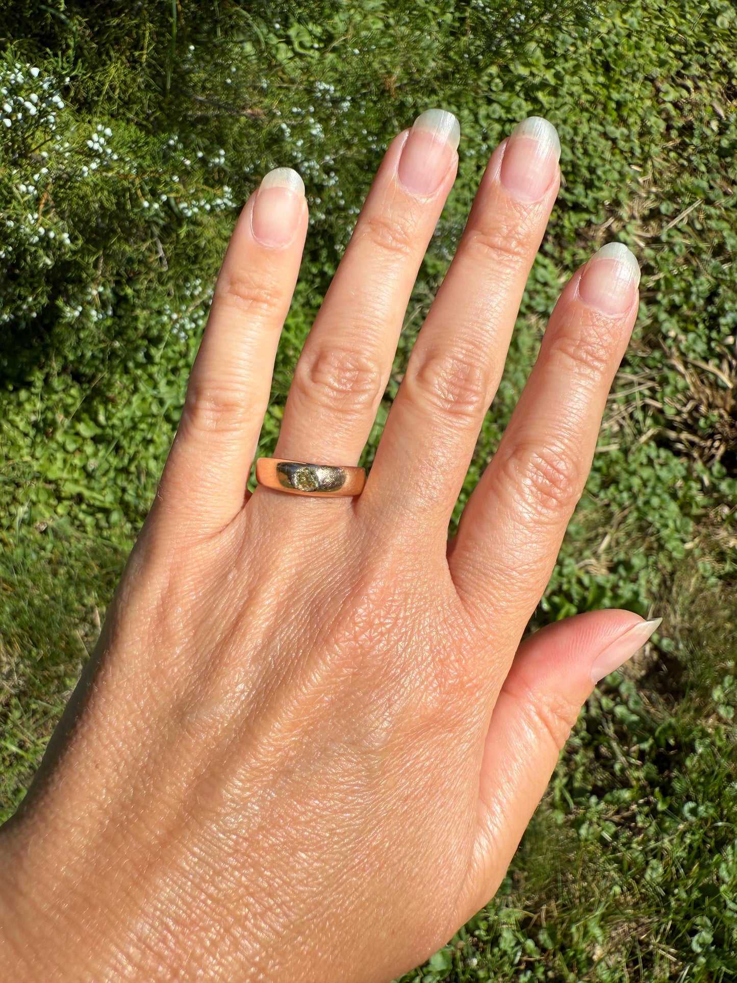 Antique Eye Clean .3 Carat Fancy Light Greenish YELLOW Old Mine Cut DIAMOND Gypsy Ring 18k Rosy Gold Chunky Band Gift Stacker Unisex OMC