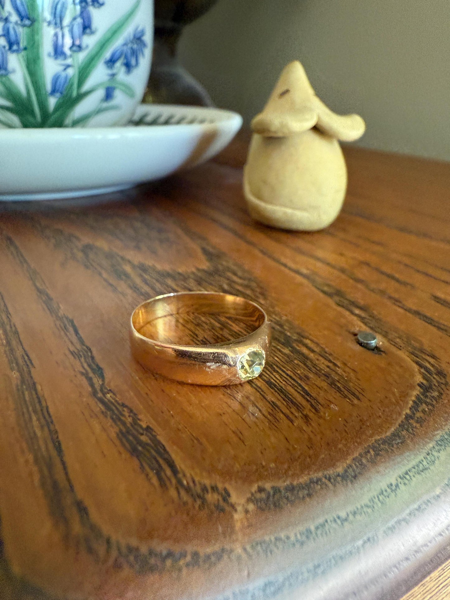 Antique Eye Clean .3 Carat Fancy Light Greenish YELLOW Old Mine Cut DIAMOND Gypsy Ring 18k Rosy Gold Chunky Band Gift Stacker Unisex OMC