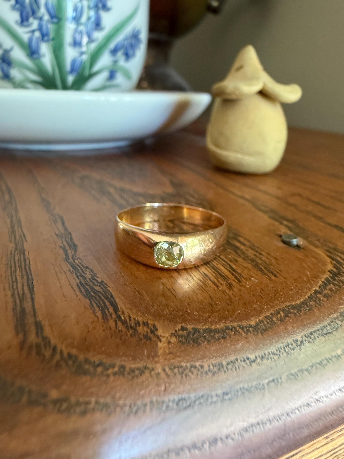 Antique Eye Clean .3 Carat Fancy Light Greenish YELLOW Old Mine Cut DIAMOND Gypsy Ring 18k Rosy Gold Chunky Band Gift Stacker Unisex OMC