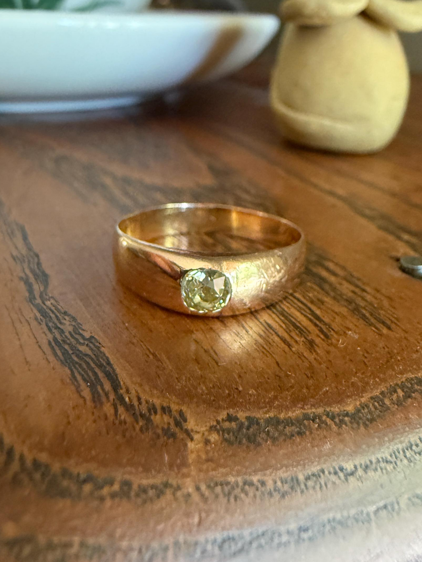 Antique Eye Clean .3 Carat Fancy Light Greenish YELLOW Old Mine Cut DIAMOND Solitaire Gypsy Ring 18k Rosy Gold Chunky Band Gift Stacker Unisex OMC
