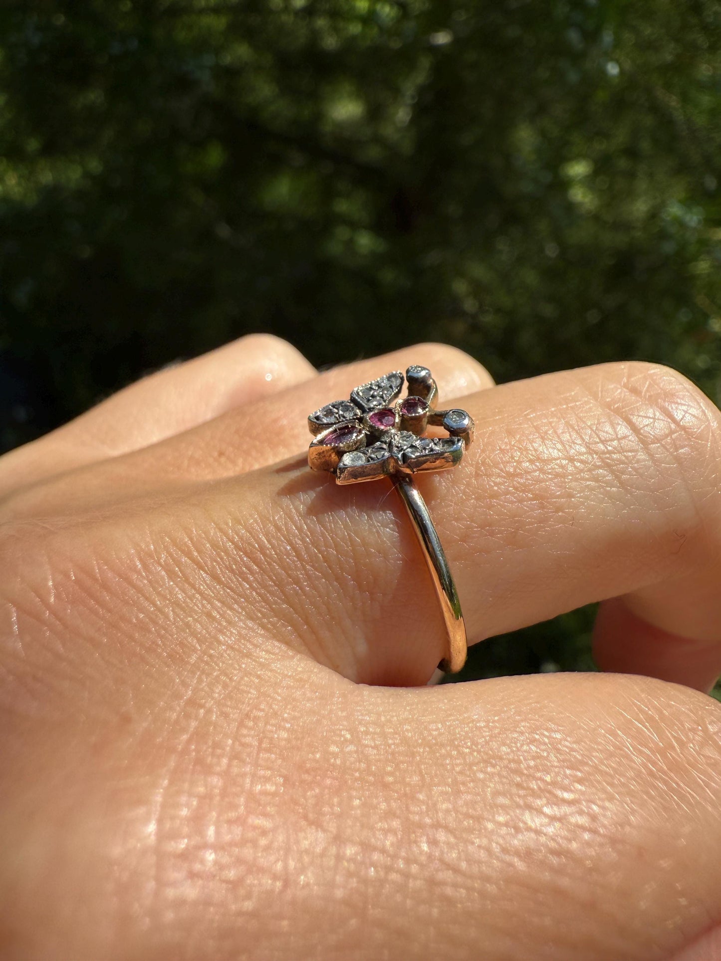 BUTTERFLY Antique Figural Ring Dainty Stacker Rose Cut DIAMOND Three RUBY 12k Gold 14k & Silver Whimsical Stacker Unique Gift