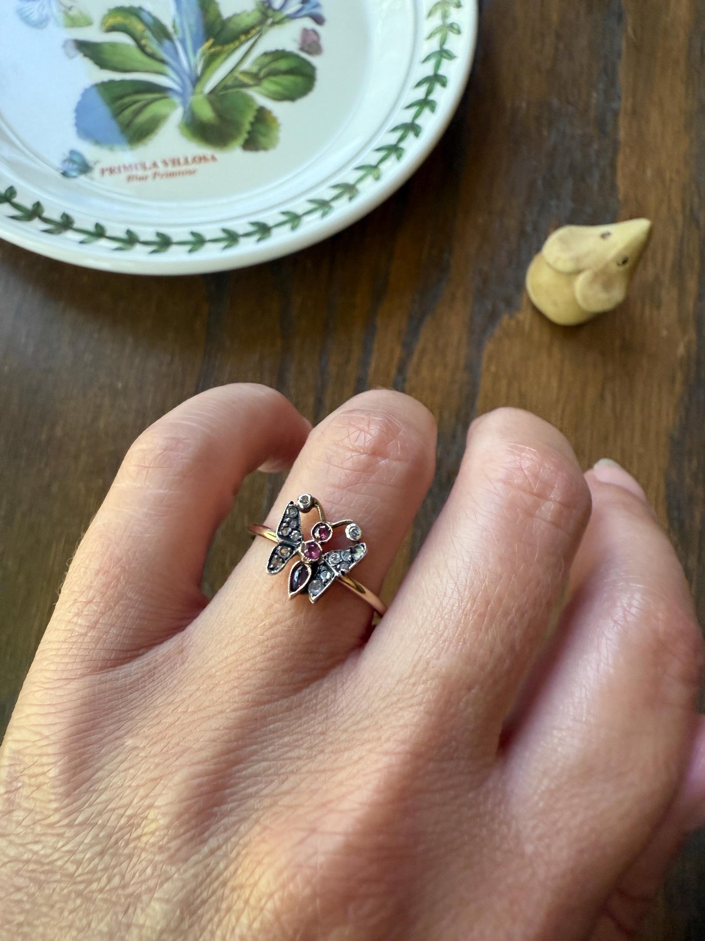 BUTTERFLY Antique Figural Ring Dainty Stacker Rose Cut DIAMOND Three RUBY 12k Gold 14k & Silver Whimsical Stacker Unique Gift