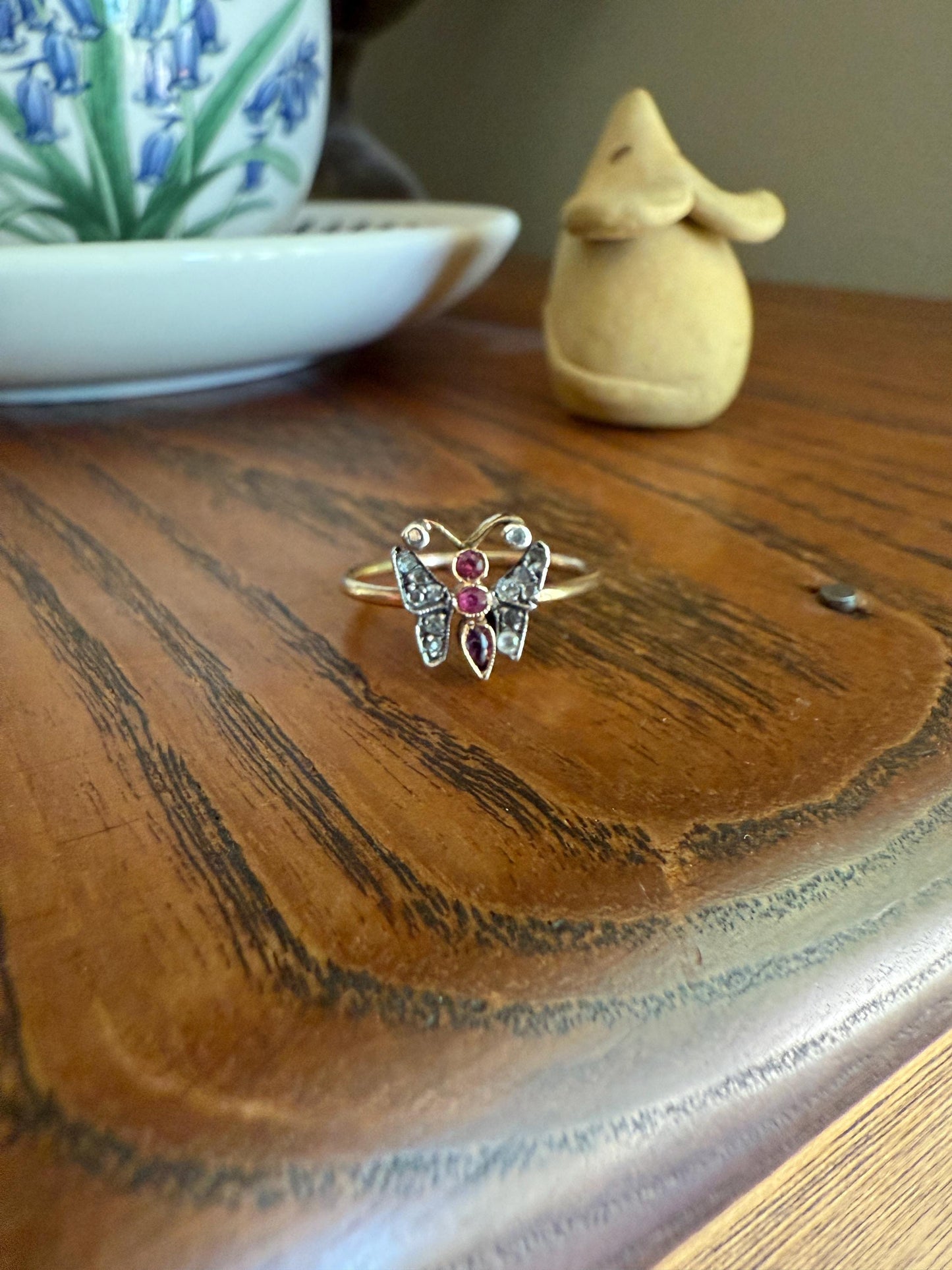 BUTTERFLY Antique Figural Ring Dainty Stacker Rose Cut DIAMOND Three RUBY 12k Gold 14k & Silver Whimsical Stacker Unique Gift