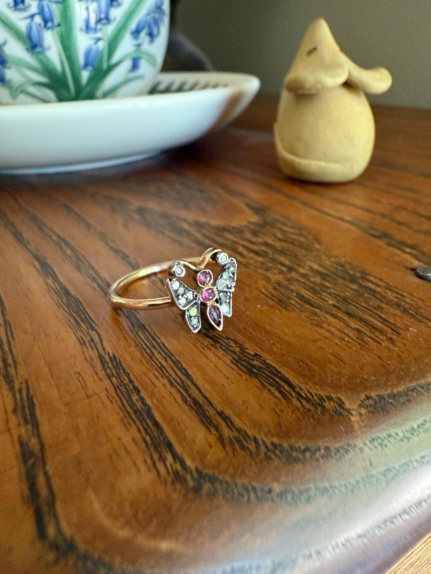BUTTERFLY Antique Figural Ring Dainty Stacker Rose Cut DIAMOND Three RUBY 12k Gold 14k & Silver Whimsical Stacker Unique Gift