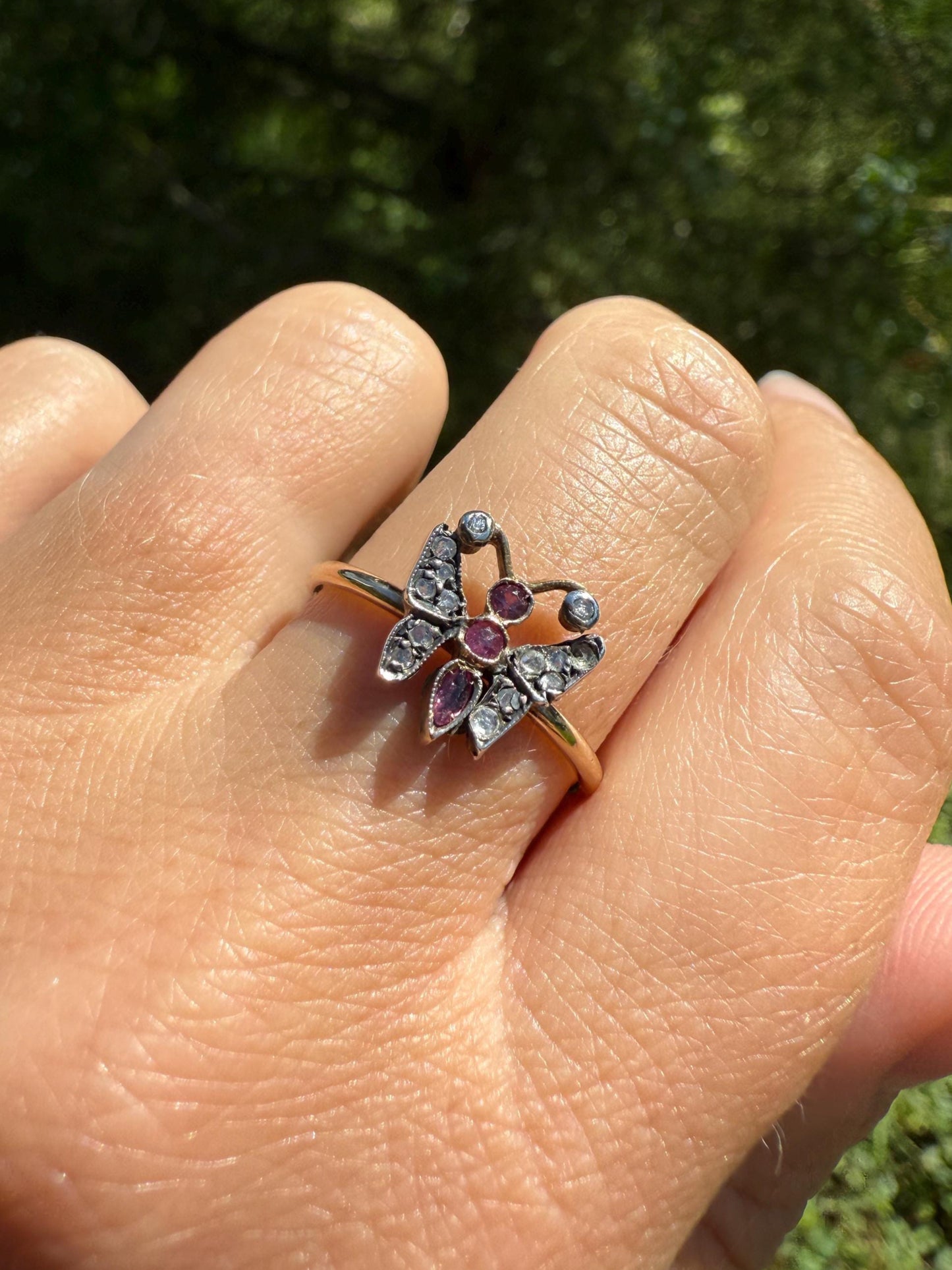 BUTTERFLY Antique Figural Ring Dainty Stacker Rose Cut DIAMOND Three RUBY 12k Gold 14k & Silver Whimsical Stacker Unique Gift