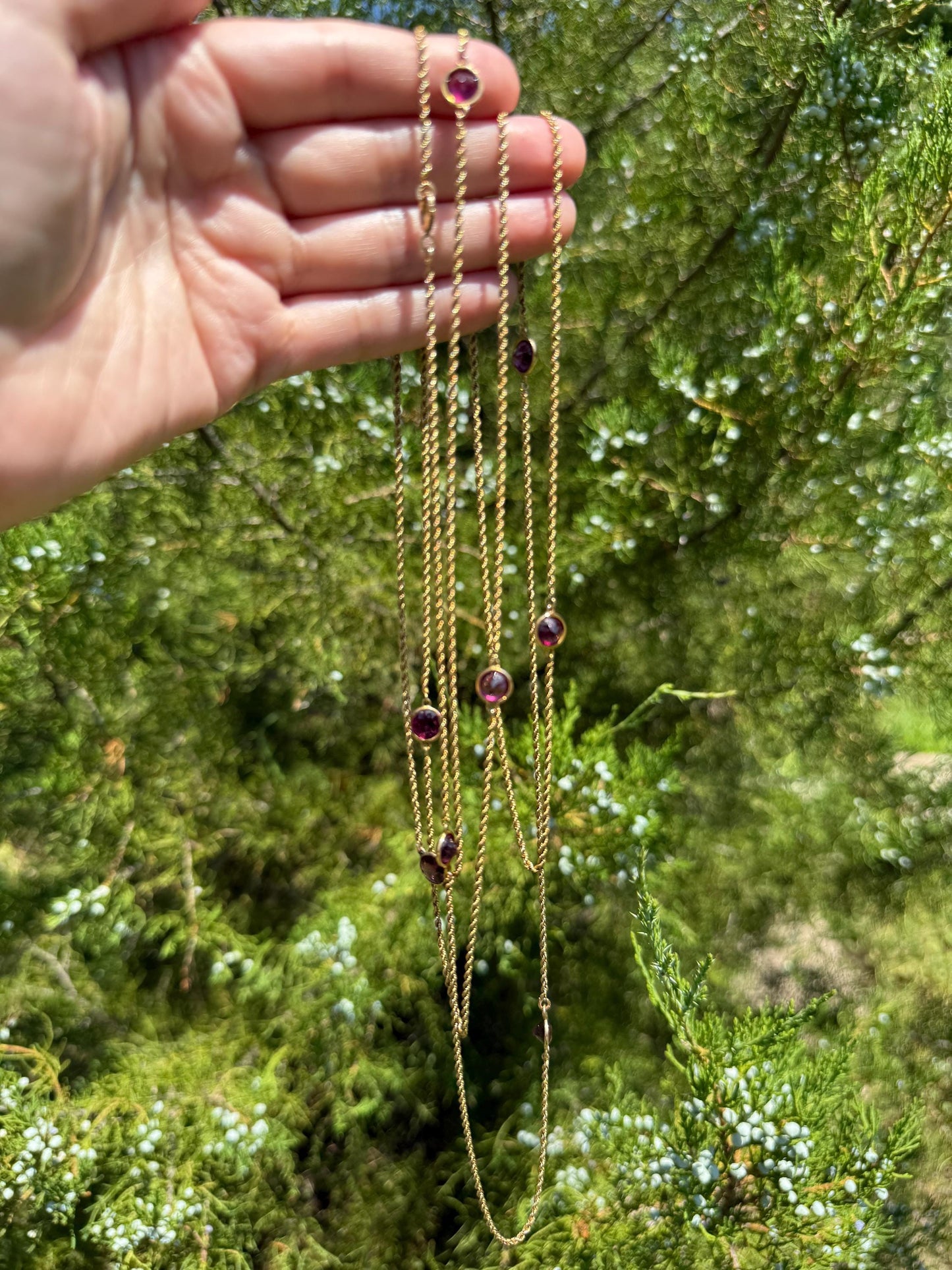 Victorian X Long Antique GARNET Station Chain Guard 67 Inch (!) 5.5 FEET 22g 14k GOLD Necklace Berry Pink Purple Neckmess Body Chain Gift