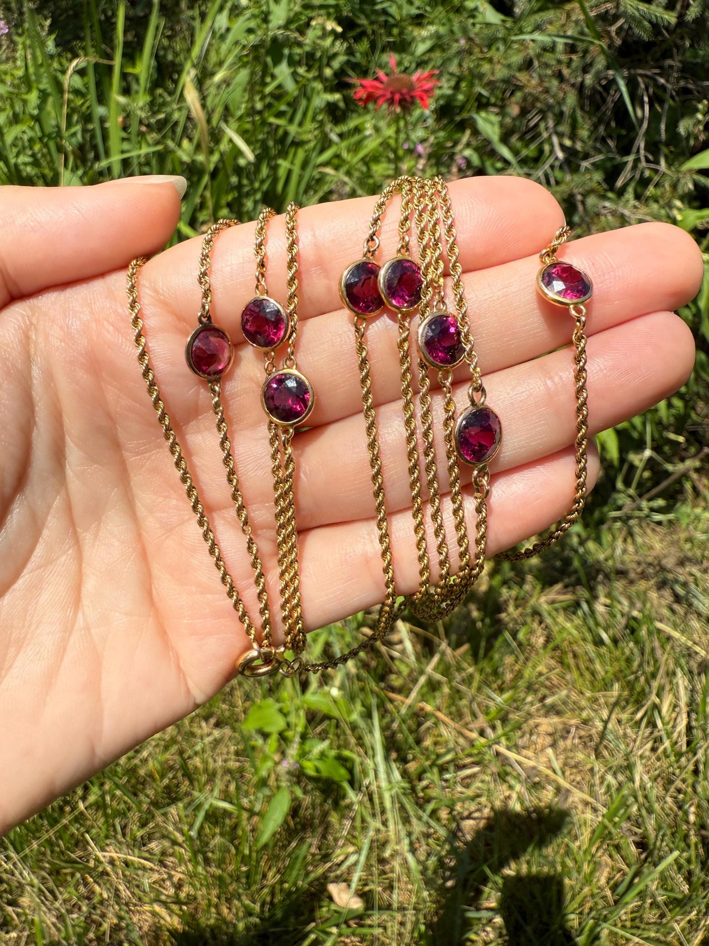 Victorian X Long Antique GARNET Station Chain Guard 67 Inch (!) 5.5 FEET 22g 14k GOLD Necklace Berry Pink Purple Neckmess Body Chain Gift