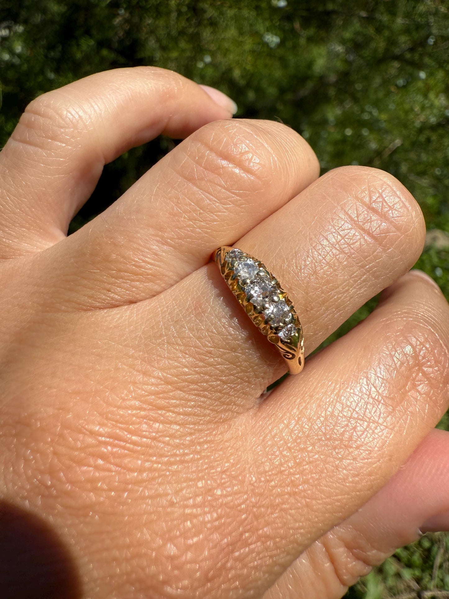 DATED April 17, 1904 Antique 2/3 Carat .65 Ctw Five Stone Old Mine Cut Diamond 18k Gold Band Romantic Gift Wedding Row Stacker Ringstack OMC