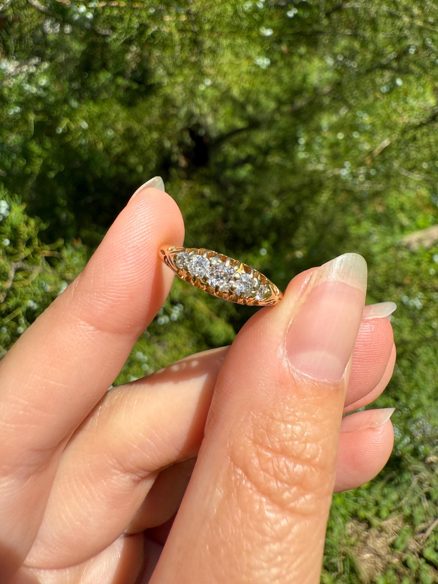 DATED April 17, 1904 Antique 2/3 Carat .65 Ctw Five Stone Old Mine Cut Diamond 18k Gold Band Romantic Gift Wedding Row Stacker Ringstack OMC