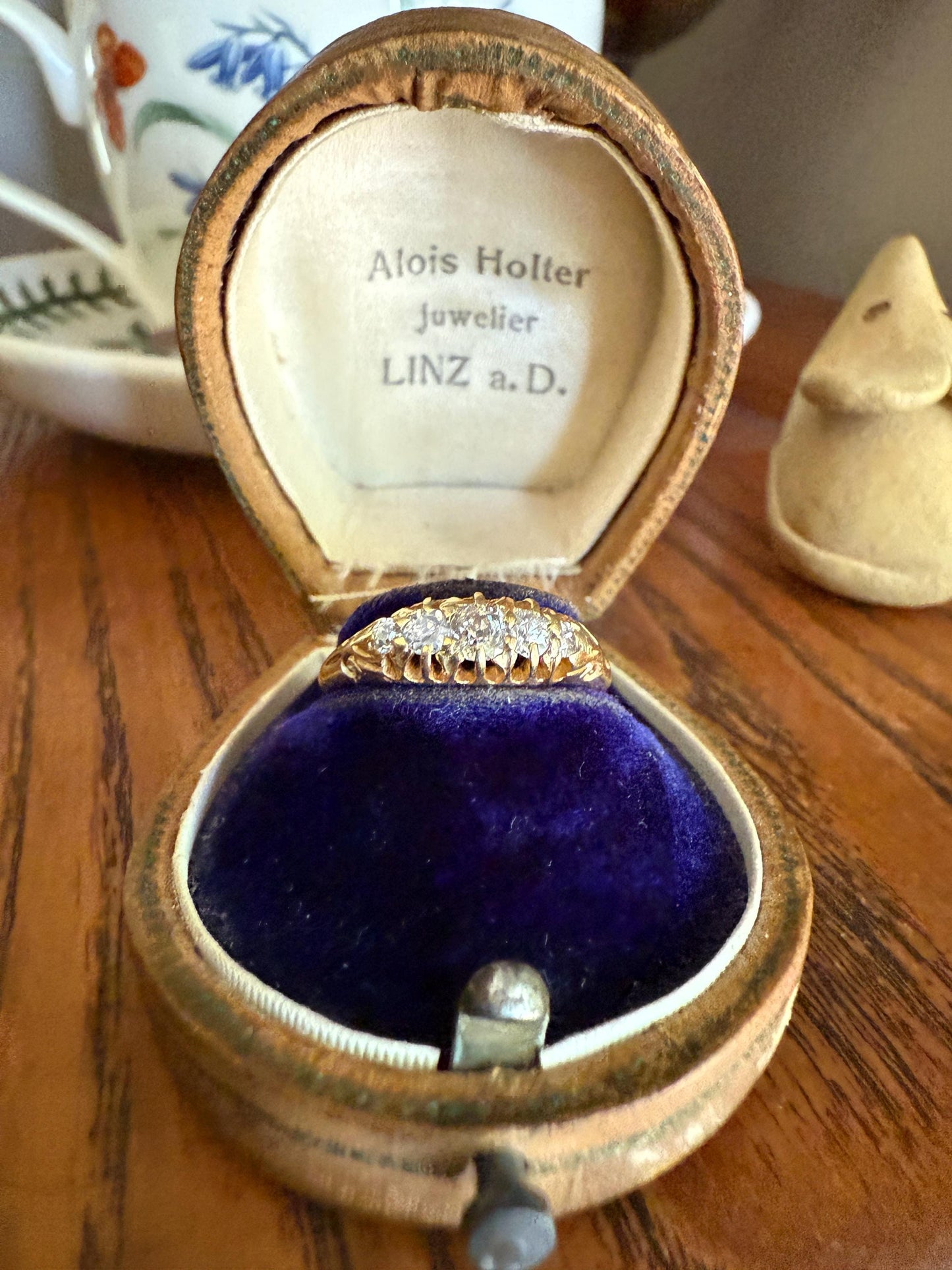 DATED April 17, 1904 Antique 2/3 Carat .65 Ctw Five Stone Old Mine Cut Diamond 18k Gold Band Romantic Gift Wedding Row Stacker Ringstack OMC
