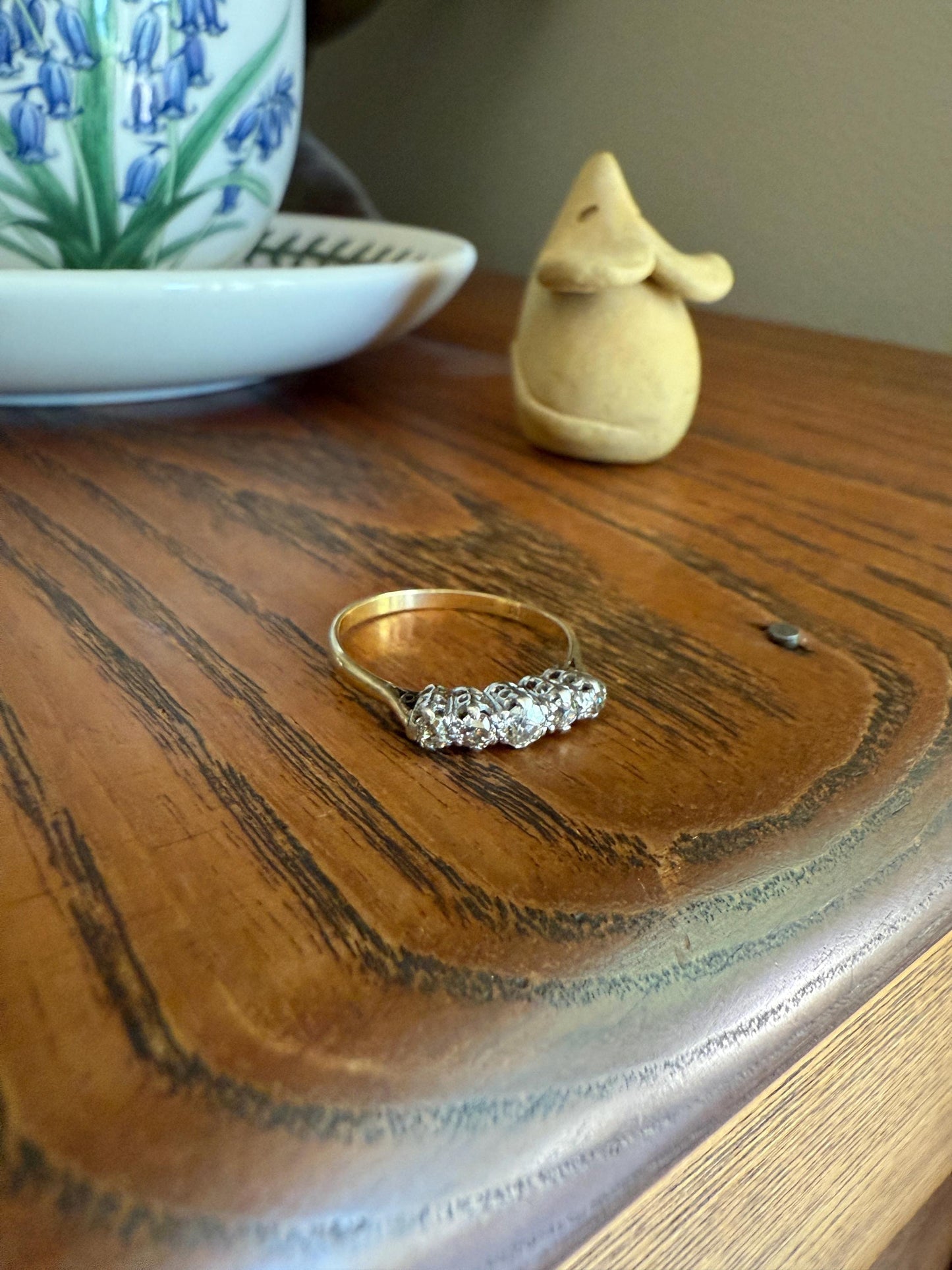 TALL Antique 0.6 Ctw Five Stone Old Mine Cut Diamond 18k Gold Platinum Band Romantic Gift Wedding Stacker Ringstack OMC Champagne