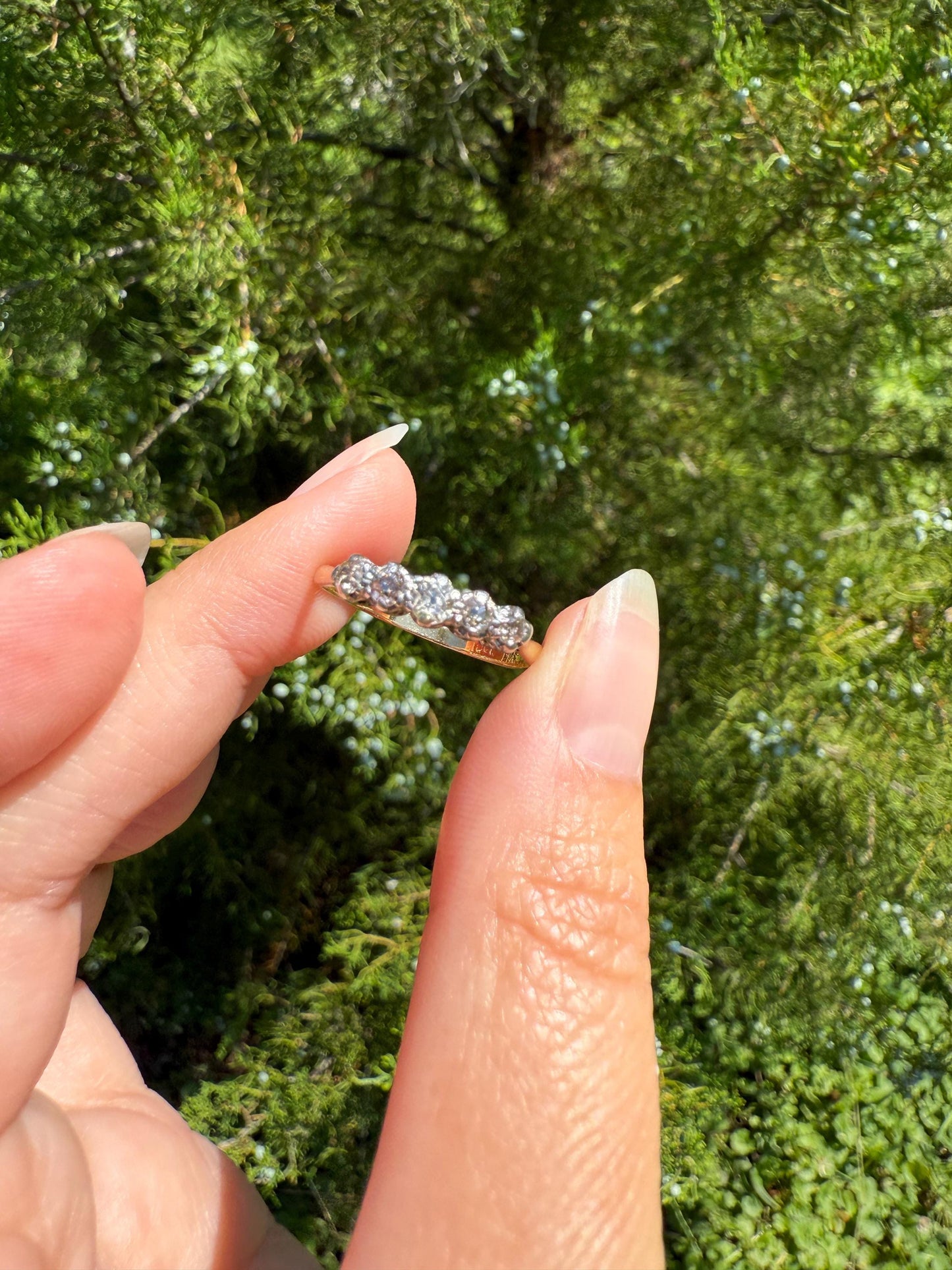 TALL Antique 0.6 Ctw Five Stone Old Mine Cut Diamond 18k Gold Platinum Band Romantic Gift Wedding Stacker Ringstack OMC Champagne