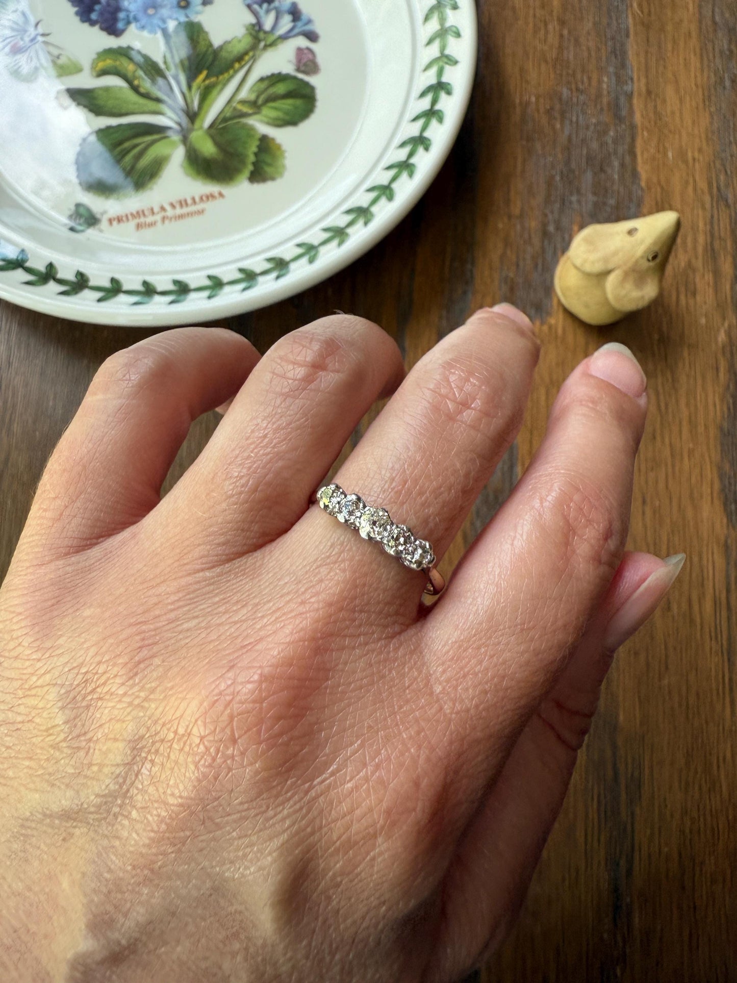 TALL Antique 0.6 Ctw Five Stone Old Mine Cut Diamond 18k Gold Platinum Band Romantic Gift Wedding Stacker Ringstack OMC Champagne