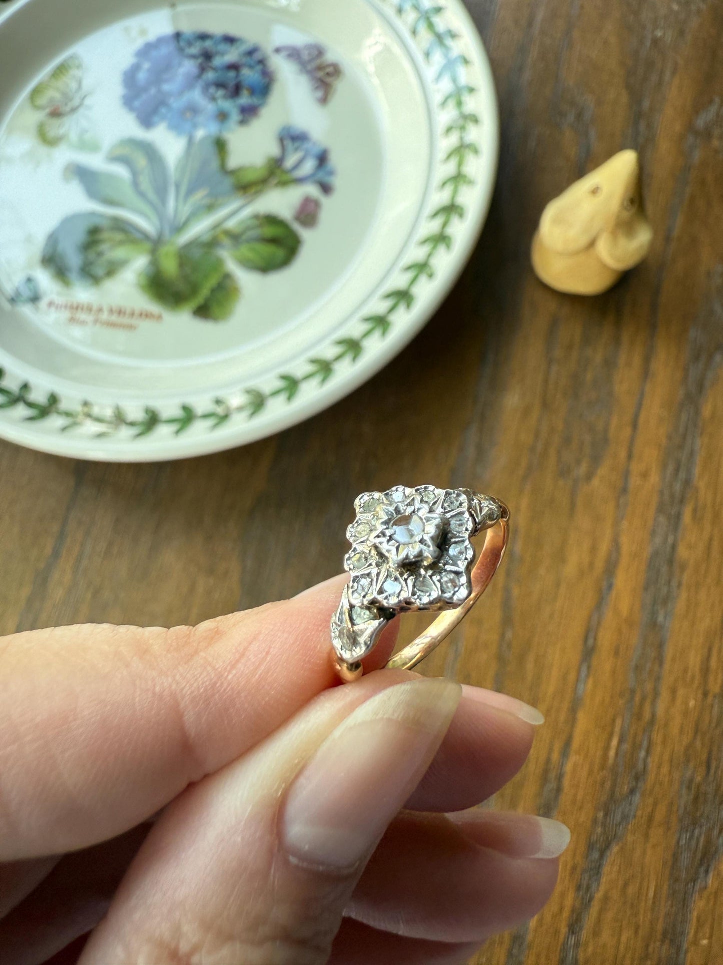 TULIP Floral Square Rose Cut DIAMOND Cluster Halo French Antique Ring 18k Gold Victorian Art Nouveau Belle Epoque Romantic Gift Stacker