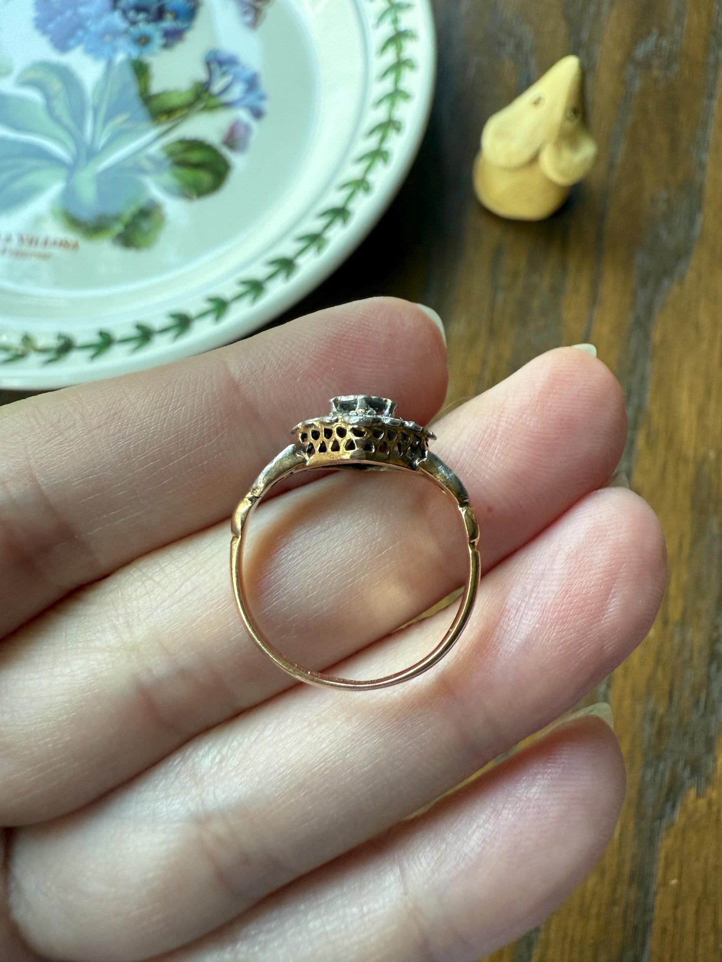 TULIP Floral Square Rose Cut DIAMOND Cluster Halo French Antique Ring 18k Gold Victorian Art Nouveau Belle Epoque Romantic Gift Stacker