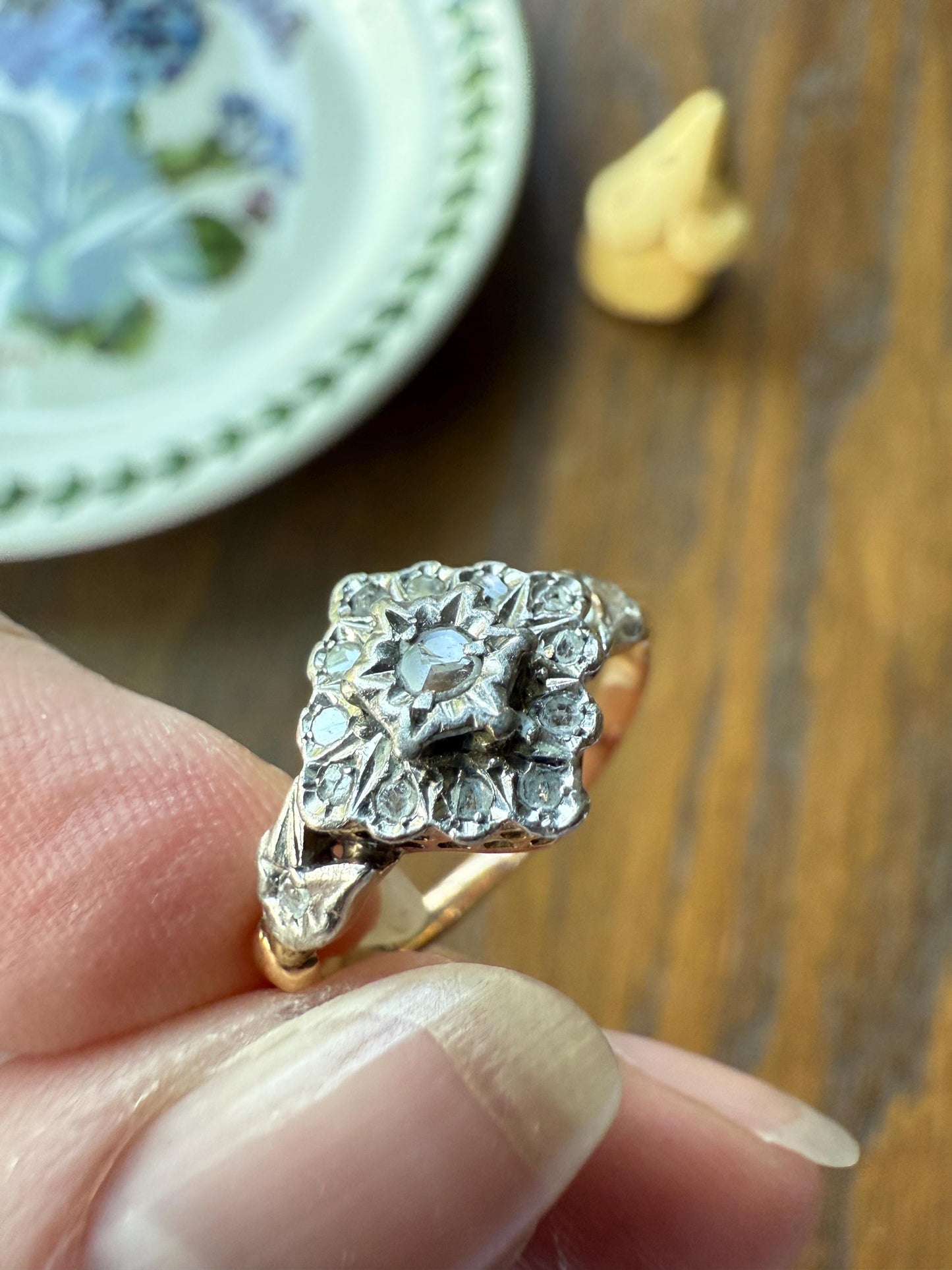 TULIP Floral Square Rose Cut DIAMOND Cluster Halo French Antique Ring 18k Gold Victorian Art Nouveau Belle Epoque Romantic Gift Stacker