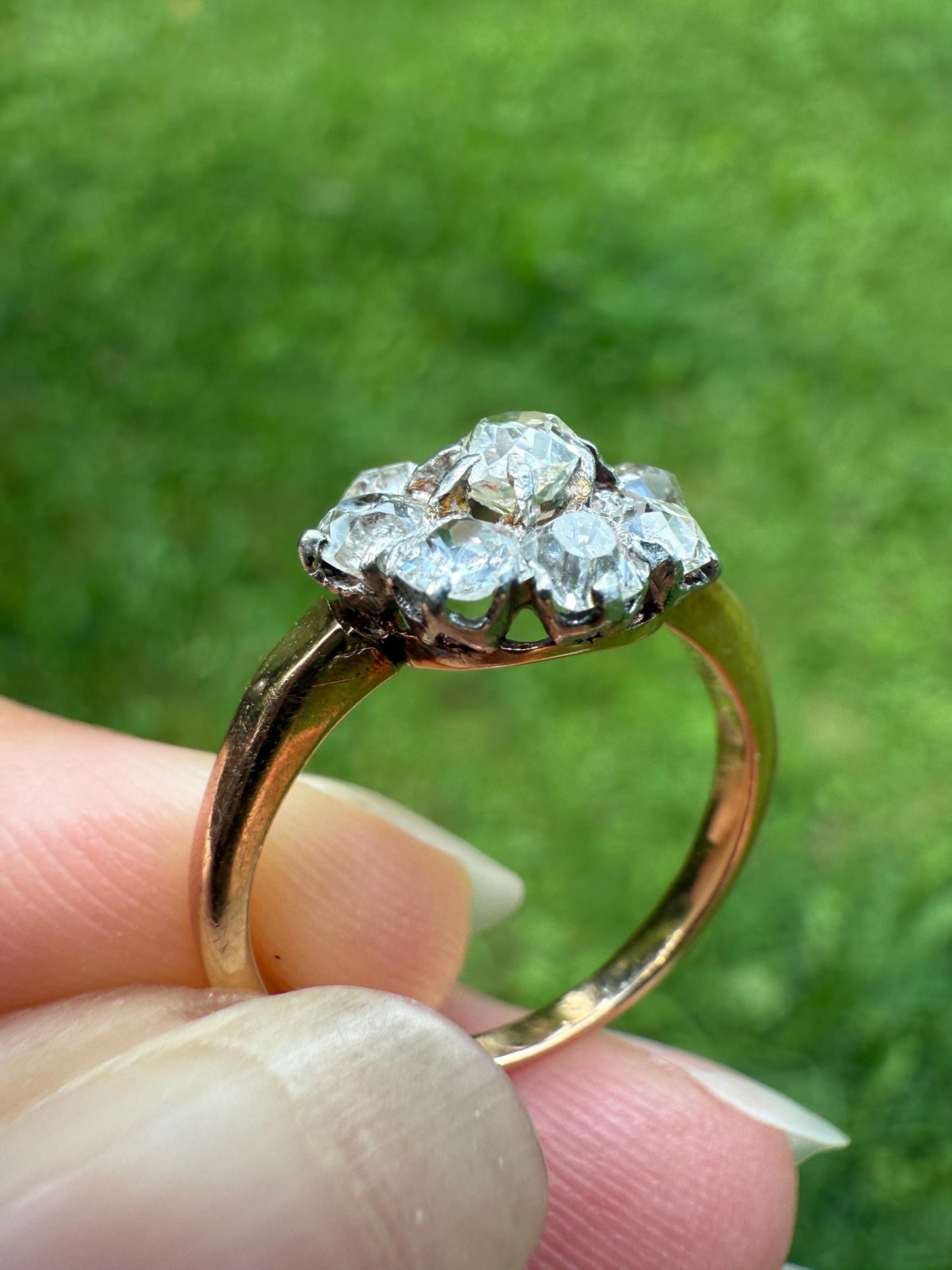 Old Mine Cut DIAMOND Daisy Cluster Halo French Antique Ring 18k Gold Platinum Victorian Art Nouveau Belle Epoque Romantic Gift Stacker