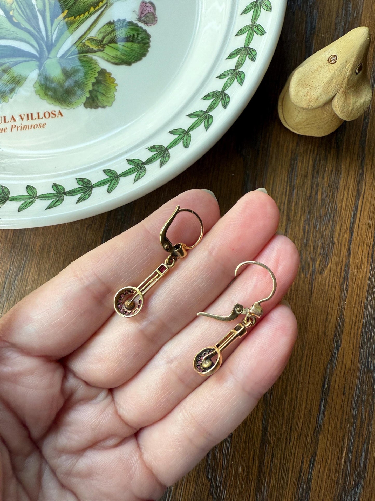 Victorian Natural Ruby Halo Dangle Earrings Bullseye Target Linear Antique 14k Gold Geometric Lever Back