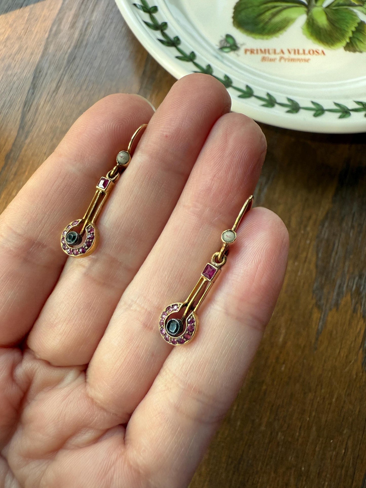 Victorian Natural Ruby Halo Dangle Earrings Bullseye Target Linear Antique 14k Gold Geometric Lever Back
