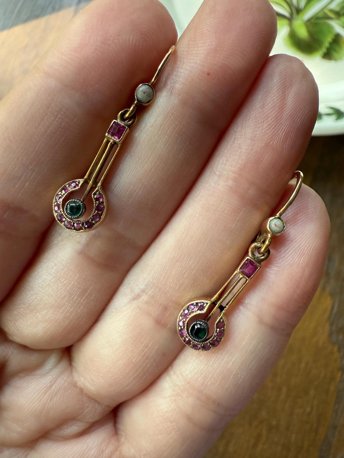 Victorian Natural Ruby Halo Dangle Earrings Bullseye Target Linear Antique 14k Gold Geometric Lever Back