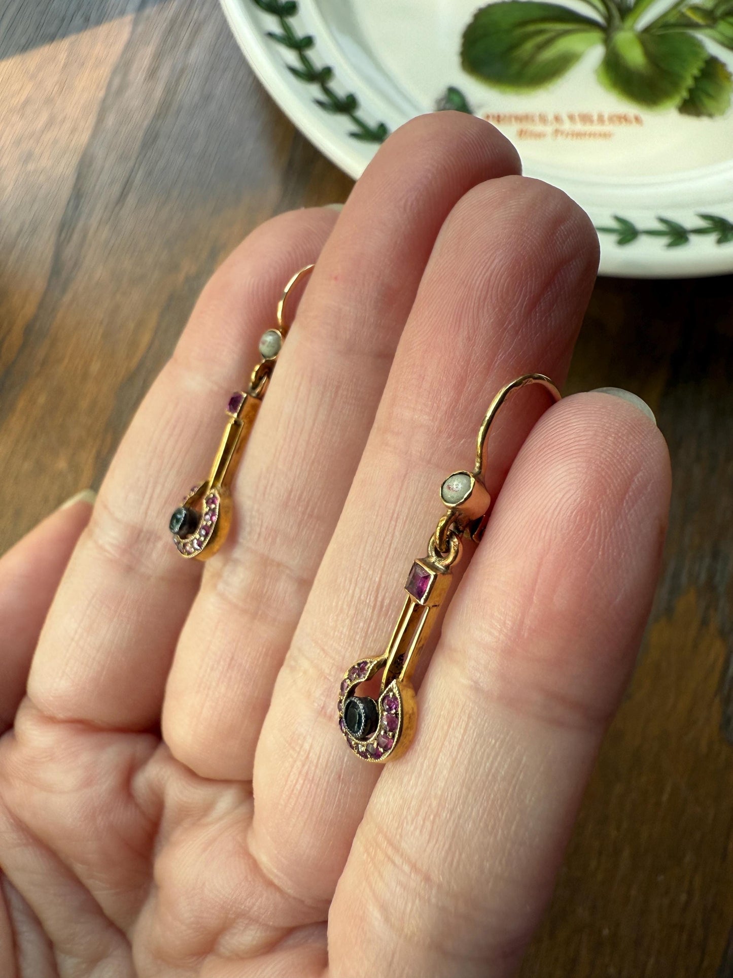 Victorian Natural Ruby Halo Dangle Earrings Bullseye Target Linear Antique 14k Gold Geometric Lever Back