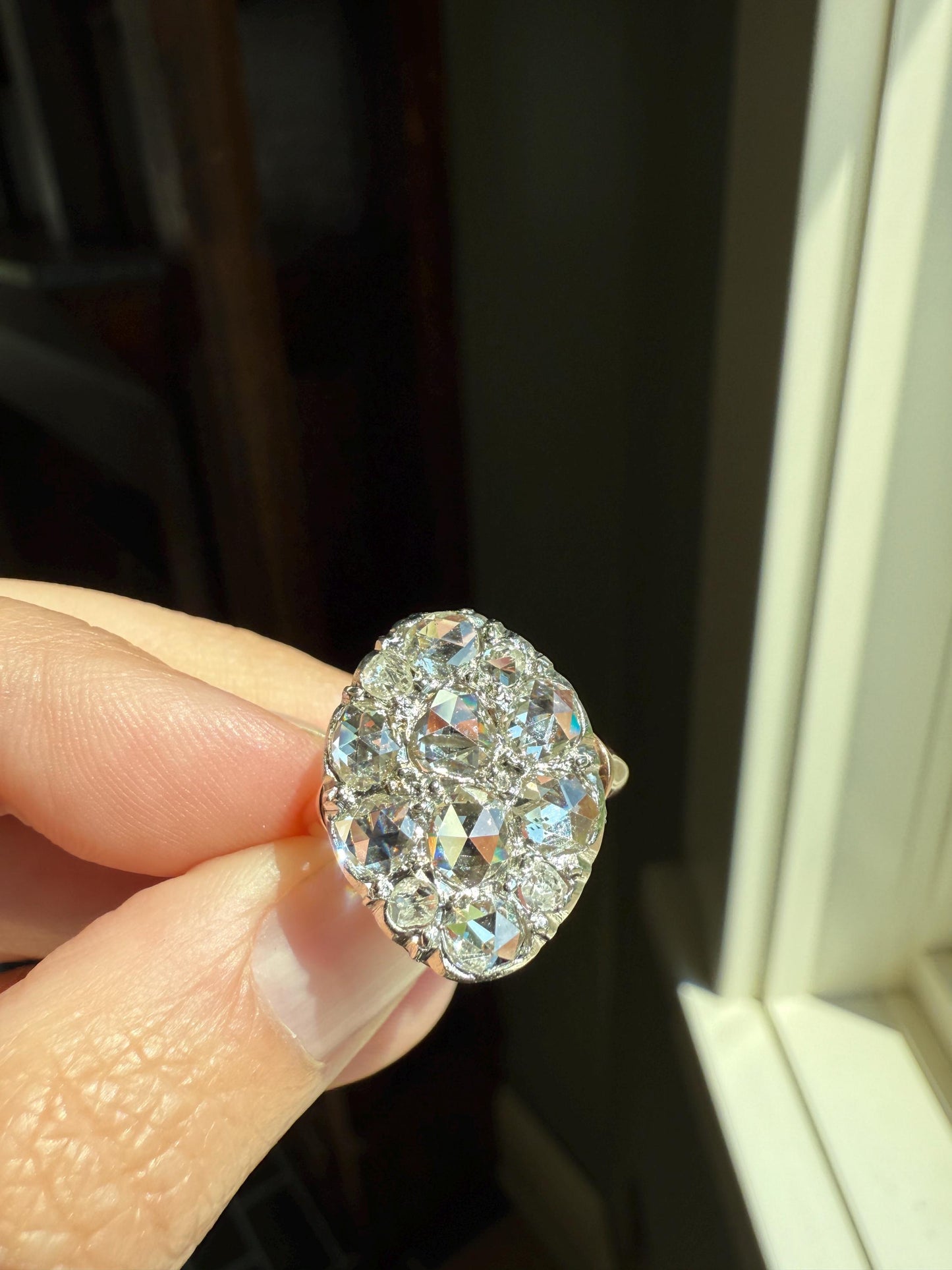Extraordinary French Antique 3 Carat Scale Dutch Rose Cut DIAMOND 18k Gold Platinum Cluster Oval Stacker Rare Gift Bauble Fiery Disco Ball