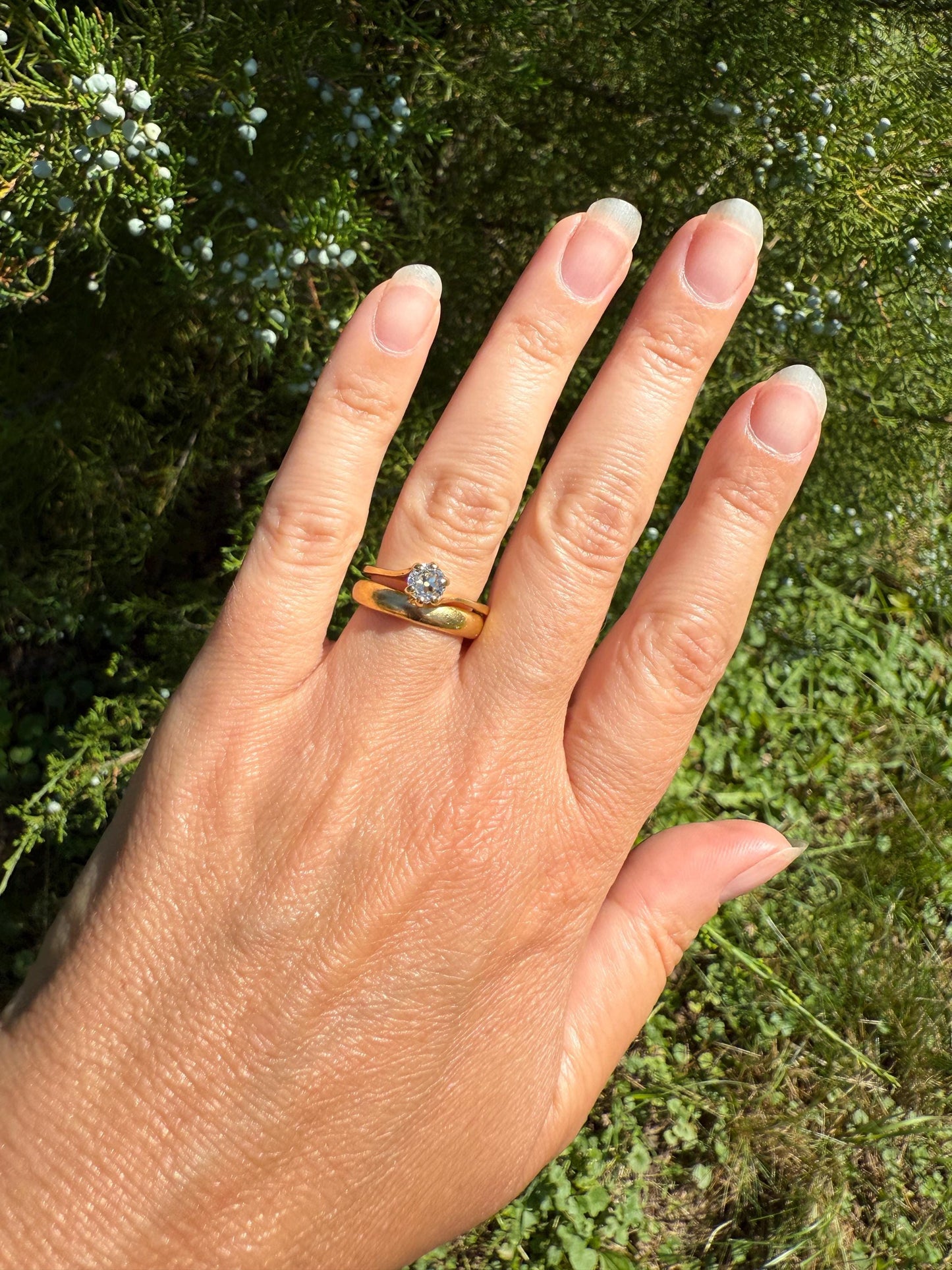 Antique .5 Carat Eye Clean Old Mine Cut Diamond 18k Gold French Swirl Setting Engagement Ring Solitaire Bypass Band Stacker 1/2 Wedding OMC