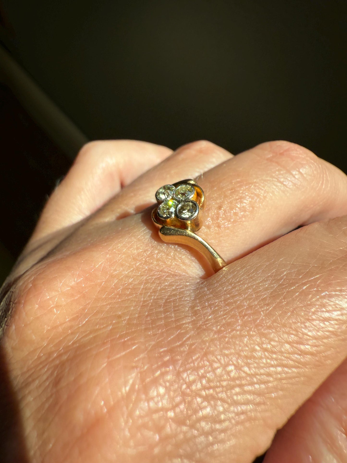 CHAMPAGNE Pale Yellow Light Brown Old Mine & Brilliant Cut Diamond Antique Quatrefoil Ring 18k Gold Ornate Bypass Swirl Four Stone Stacker