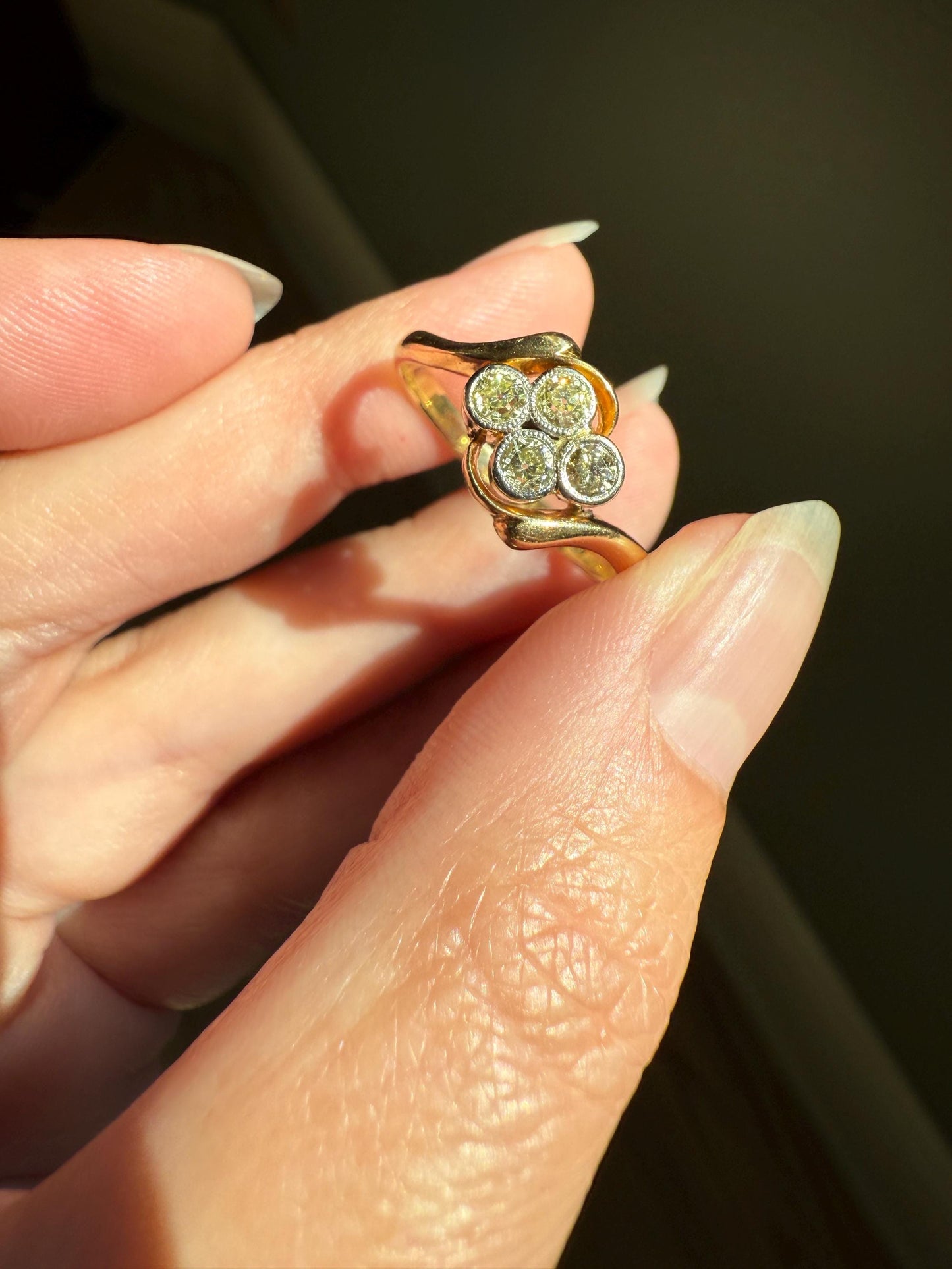 CHAMPAGNE Pale Yellow Light Brown Old Mine & Brilliant Cut Diamond Antique Quatrefoil Ring 18k Gold Ornate Bypass Swirl Four Stone Stacker