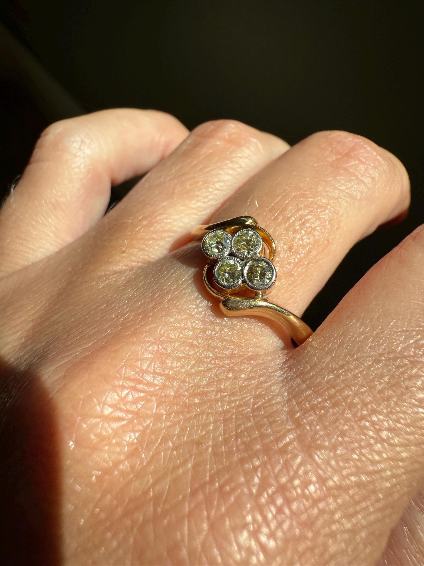 CHAMPAGNE Pale Yellow Light Brown Old Mine & Brilliant Cut Diamond Antique Quatrefoil Ring 18k Gold Ornate Bypass Swirl Four Stone Stacker