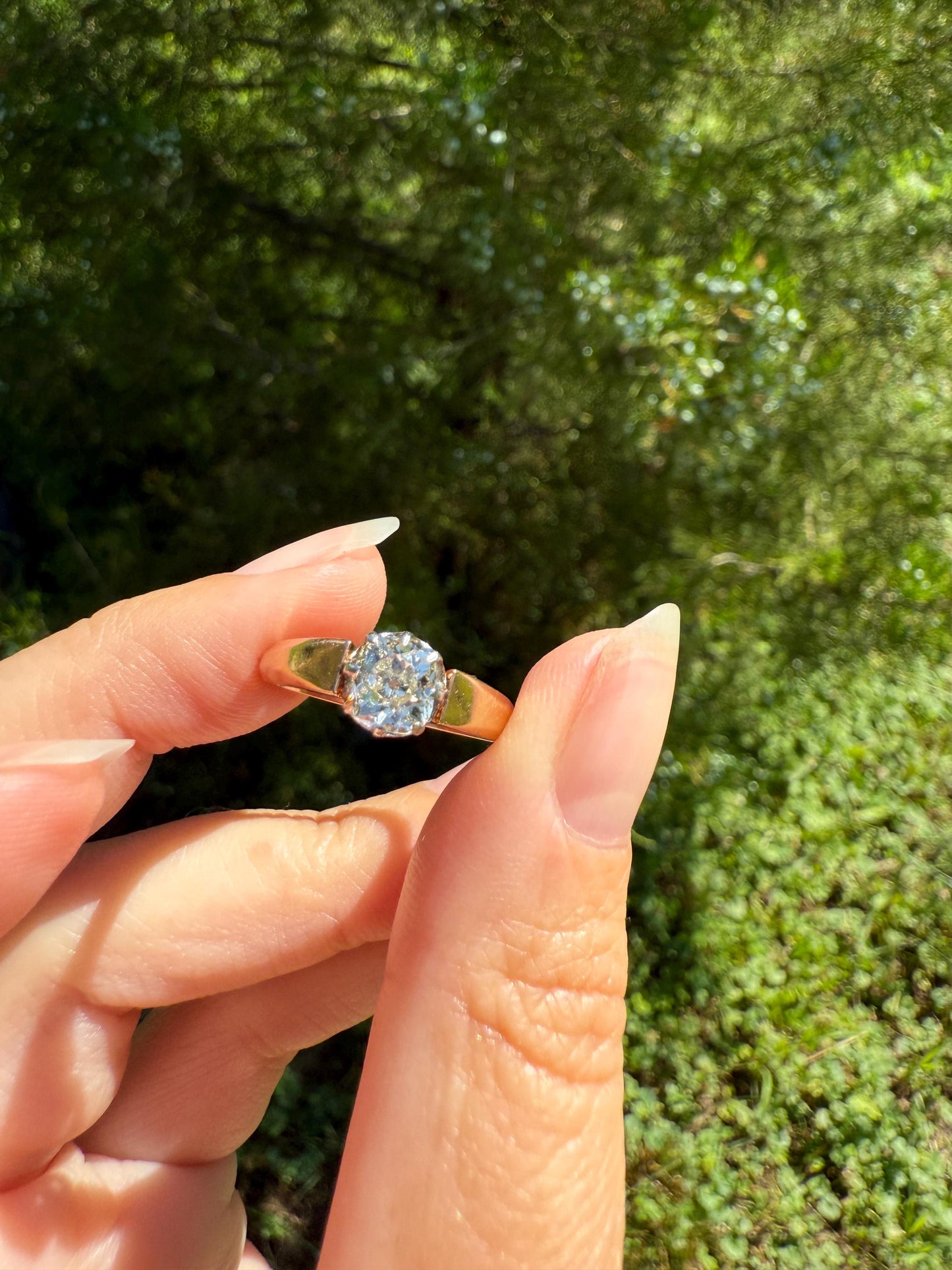 Classic Antique .75 Carat Eye Clean Old Mine Cut Diamond 18k Rosy Gold French Victorian Engagement Ring Solitaire Band Stacker
