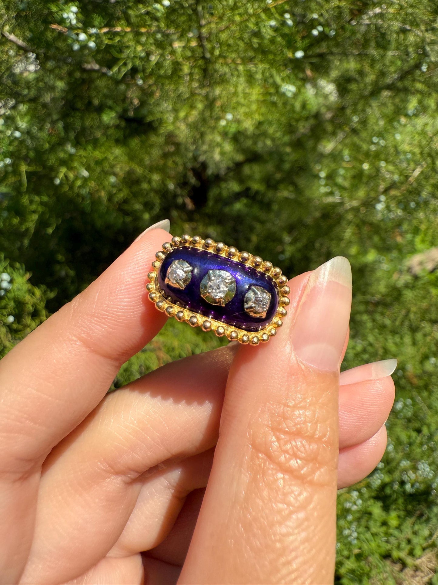 French Antique Bague Au Firmament Three Old Mine Cut Diamond Blue Enamel 18k Gold Ring of Heaven STAR Victorian Ornate Bead Rivet Halo OMC