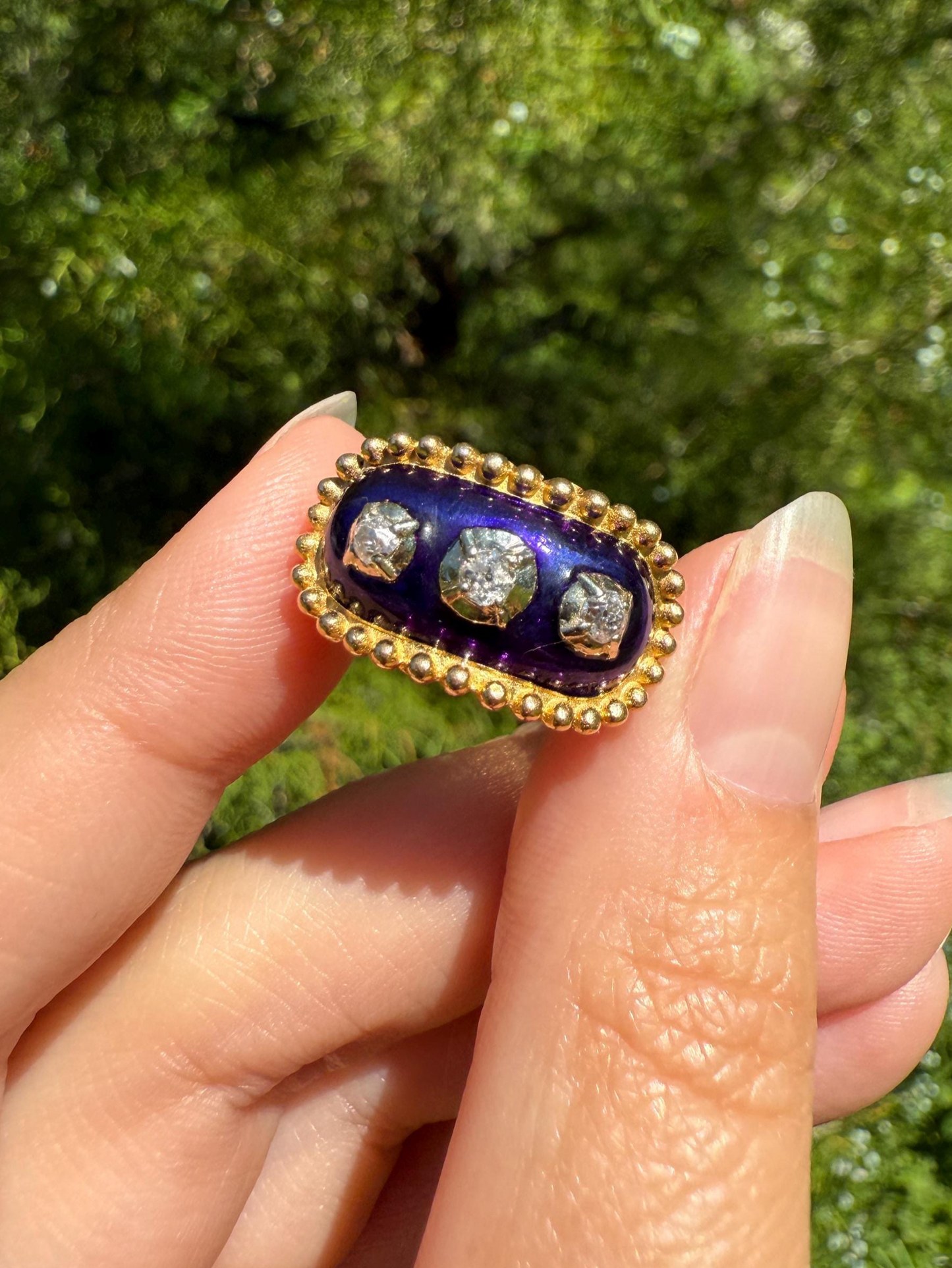 French Antique Bague Au Firmament Three Old Mine Cut Diamond Blue Enamel 18k Gold Ring of Heaven STAR Victorian Ornate Bead Rivet Halo OMC