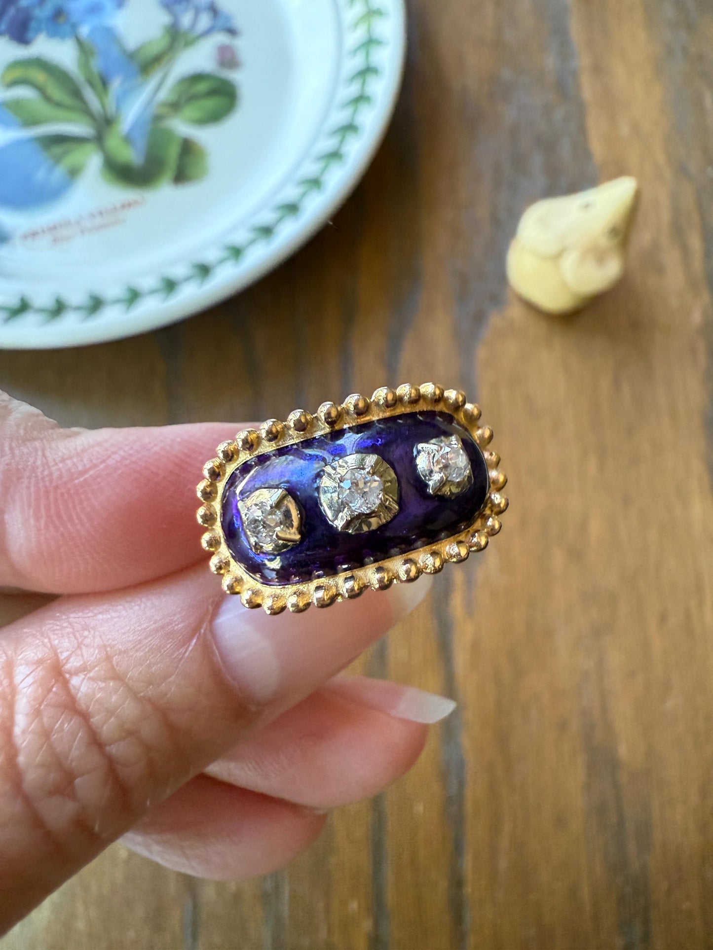 French Antique Bague Au Firmament Three Old Mine Cut Diamond Blue Enamel 18k Gold Ring of Heaven STAR Victorian Ornate Bead Rivet Halo OMC