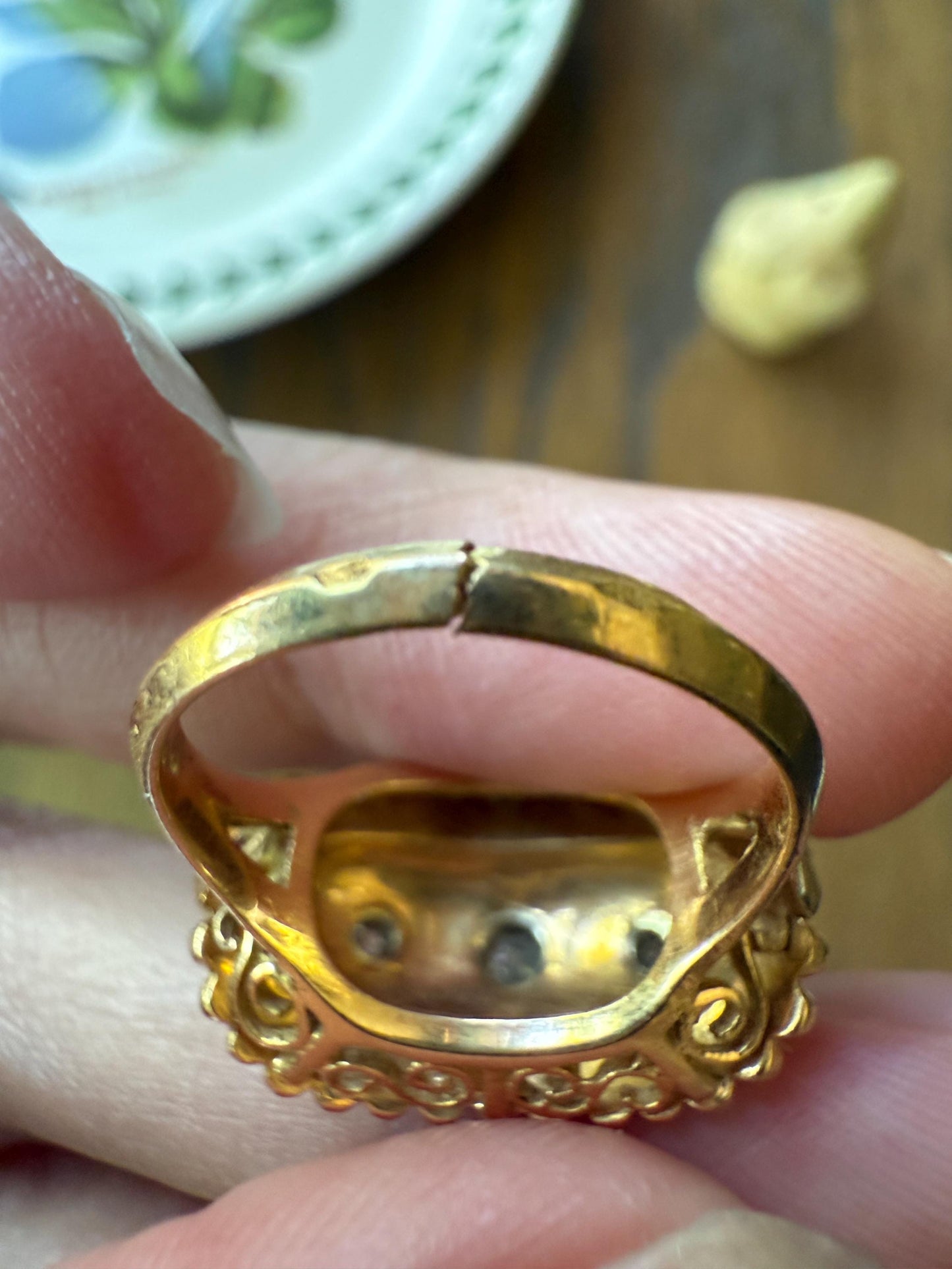 French Antique Bague Au Firmament Three Old Mine Cut Diamond Blue Enamel 18k Gold Ring of Heaven STAR Victorian Ornate Bead Rivet Halo OMC