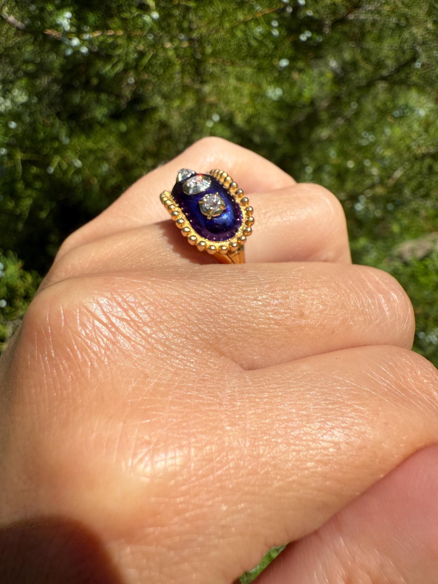 French Antique Bague Au Firmament Three Old Mine Cut Diamond Blue Enamel 18k Gold Ring of Heaven STAR Victorian Ornate Bead Rivet Halo OMC