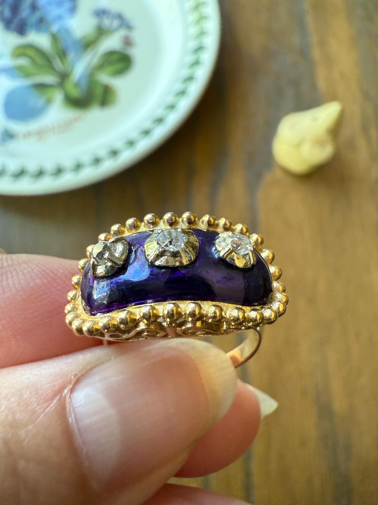 French Antique Bague Au Firmament Three Old Mine Cut Diamond Blue Enamel 18k Gold Ring of Heaven STAR Victorian Ornate Bead Rivet Halo OMC