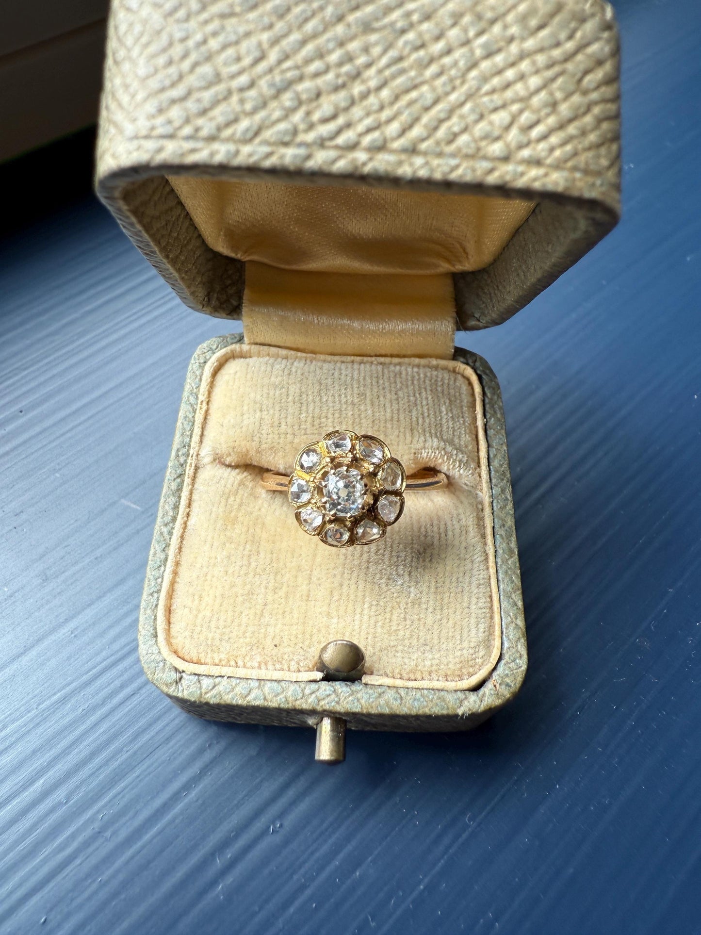 CLUSTER Ring Old Mine Cut Rose Cut DIAMOND Daisy Floral French Victorian Antique 18k Gold Ring Tall Stacker Band Belle Epoque Gift OMC