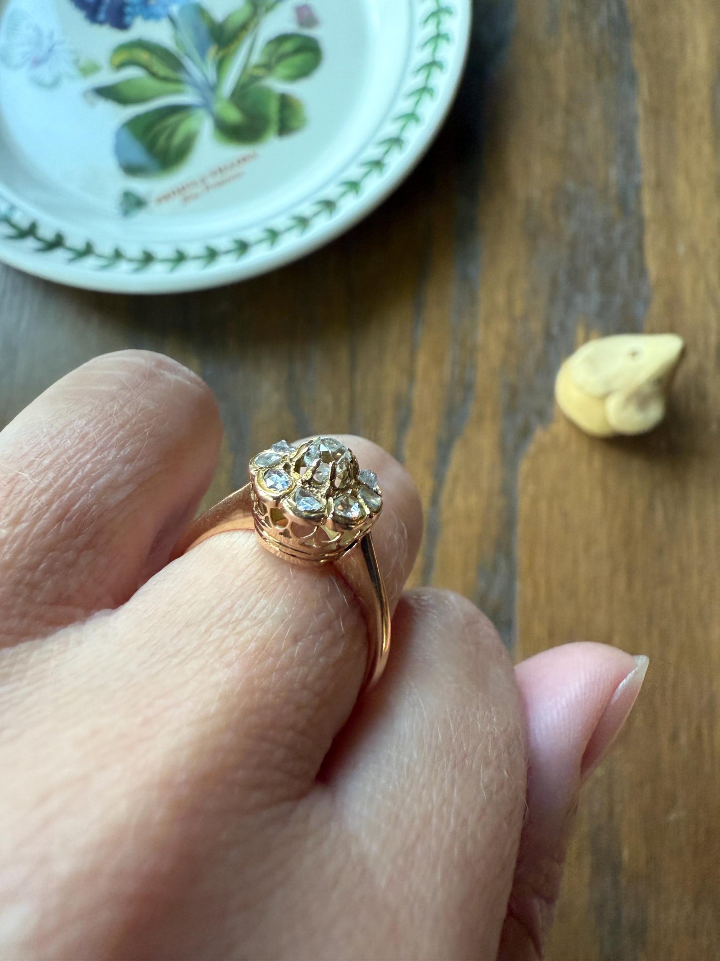 CLUSTER Ring Old Mine Cut Rose Cut DIAMOND Daisy Floral French Victorian Antique 18k Gold Ring Tall Stacker Band Belle Epoque Gift OMC