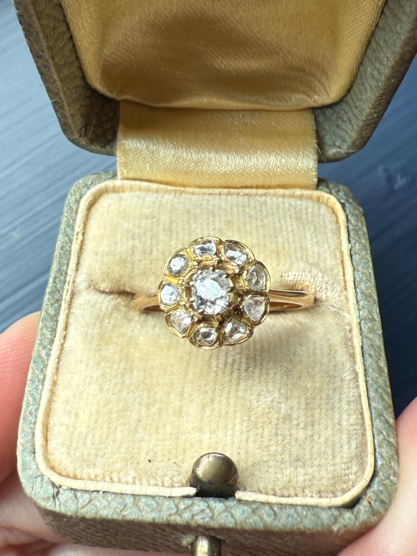 CLUSTER Ring Old Mine Cut Rose Cut DIAMOND Daisy Floral French Victorian Antique 18k Gold Ring Tall Stacker Band Belle Epoque Gift OMC