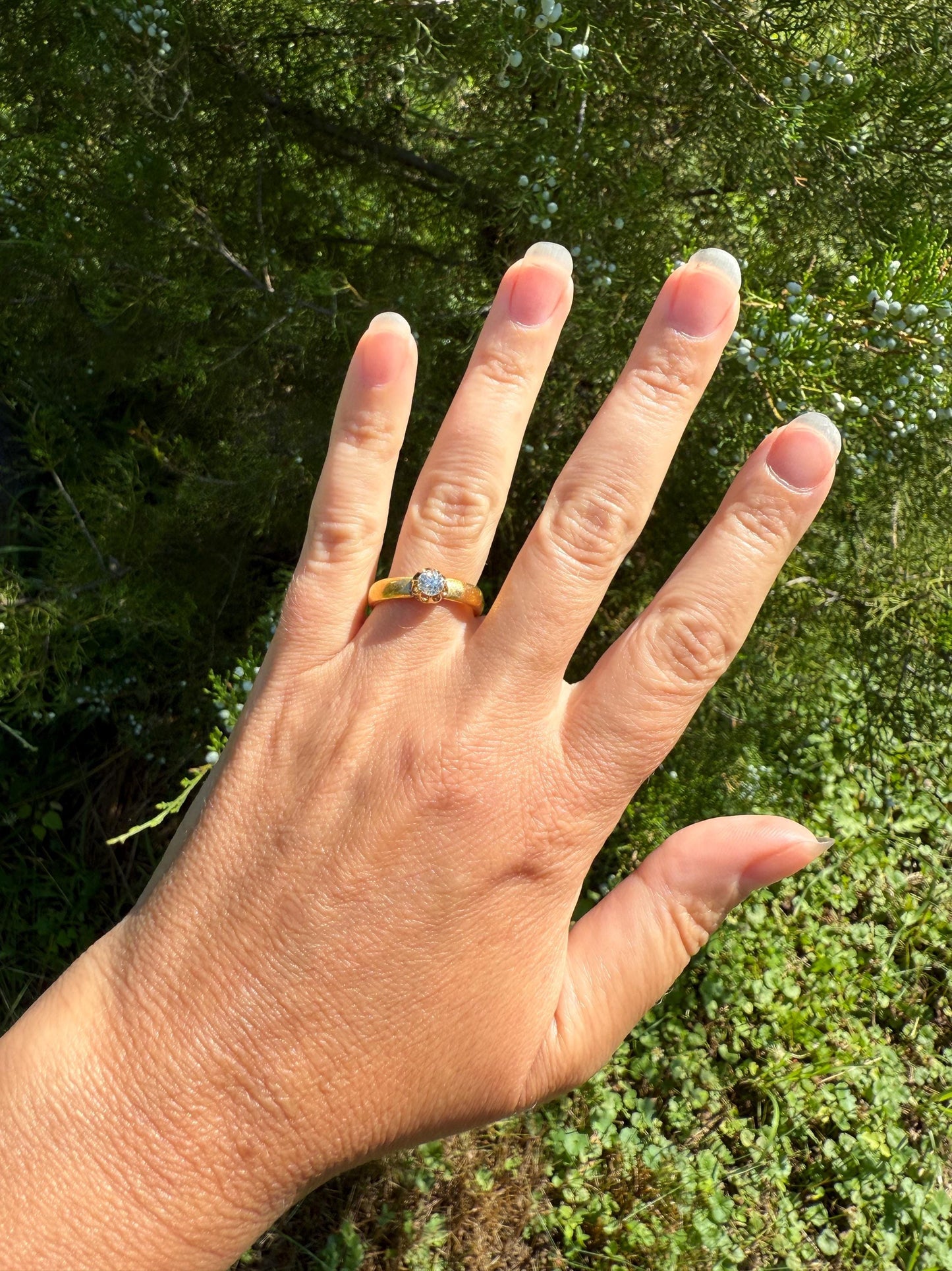 Chunky Antique .36 Carat Eye Clean Old Mine Cut Diamond 22k Gold Edwardian Comfort Fit Wedding Band Engagement Ring Solitaire Stacker OMC