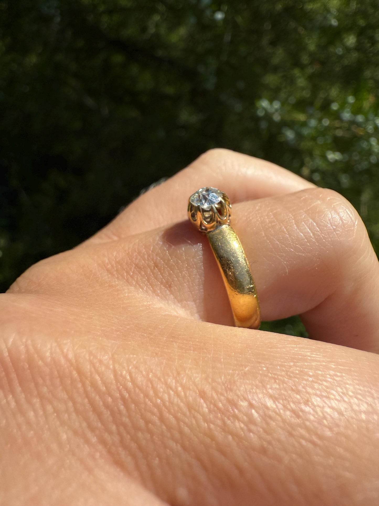 Chunky Antique .36 Carat Eye Clean Old Mine Cut Diamond 22k Gold Edwardian Comfort Fit Wedding Band Engagement Ring Solitaire Stacker OMC